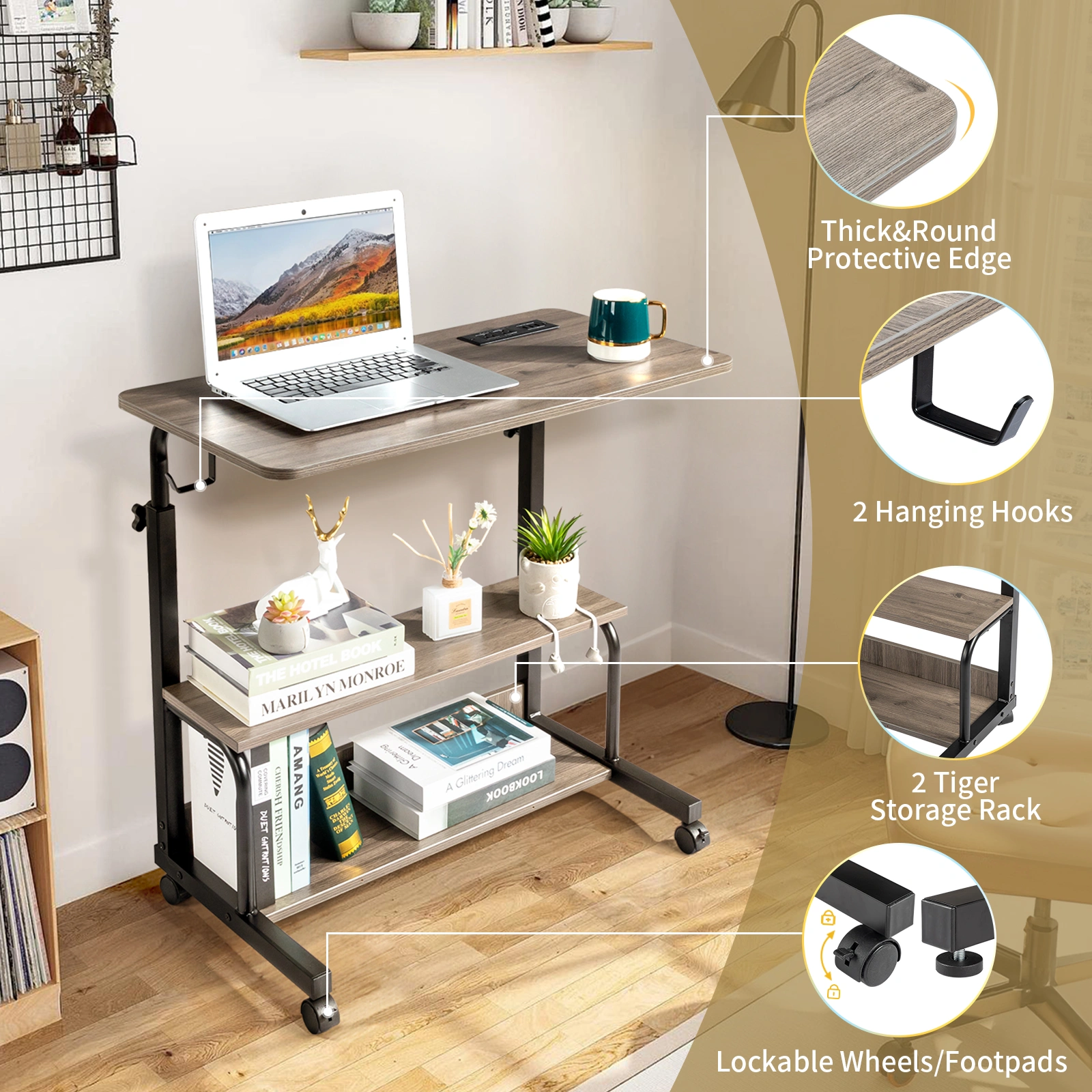 Grey Oak P2 15MM Particle Board with Melamine Coating Adjustable Computer Desk with 3 USB + 2 AC Outlets view 16