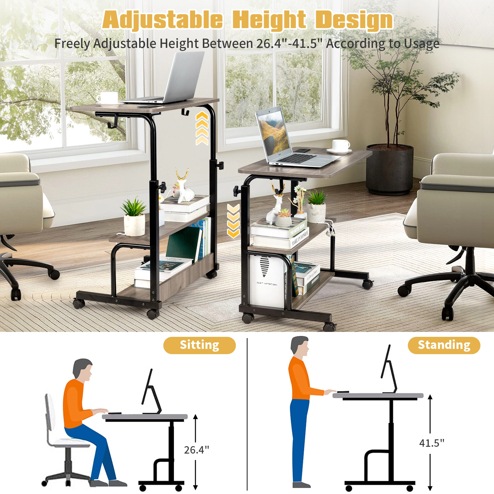 Grey Oak P2 15MM Particle Board with Melamine Coating Adjustable Computer Desk with 3 USB + 2 AC Outlets view 17