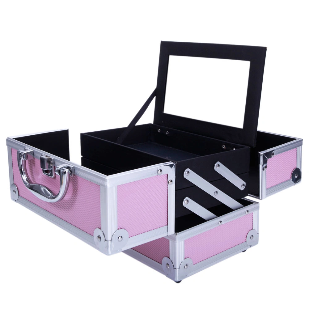 SM-2176 Aluminum Makeup Train Case Jewelry Box Cosmetic Organizer with Mirror 9"x6"x6" Pink view 10