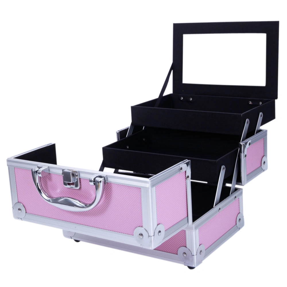 SM-2176 Aluminum Makeup Train Case Jewelry Box Cosmetic Organizer with Mirror 9"x6"x6" Pink view 11