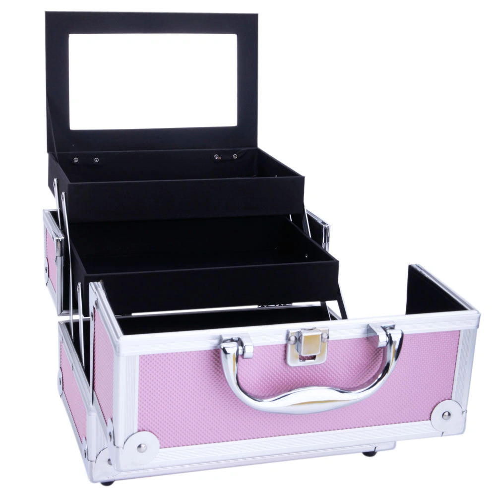 SM-2176 Aluminum Makeup Train Case Jewelry Box Cosmetic Organizer with Mirror 9"x6"x6" Pink view 12