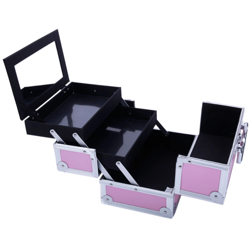 SM-2176 Aluminum Makeup Train Case Jewelry Box Cosmetic Organizer with Mirror 9"x6"x6" Pink view 13