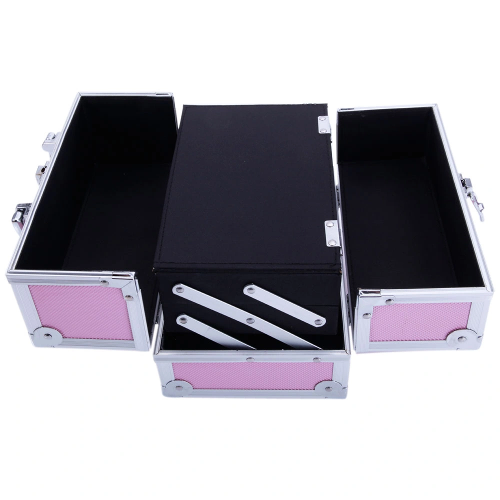 SM-2176 Aluminum Makeup Train Case Jewelry Box Cosmetic Organizer with Mirror 9"x6"x6" Pink view 9