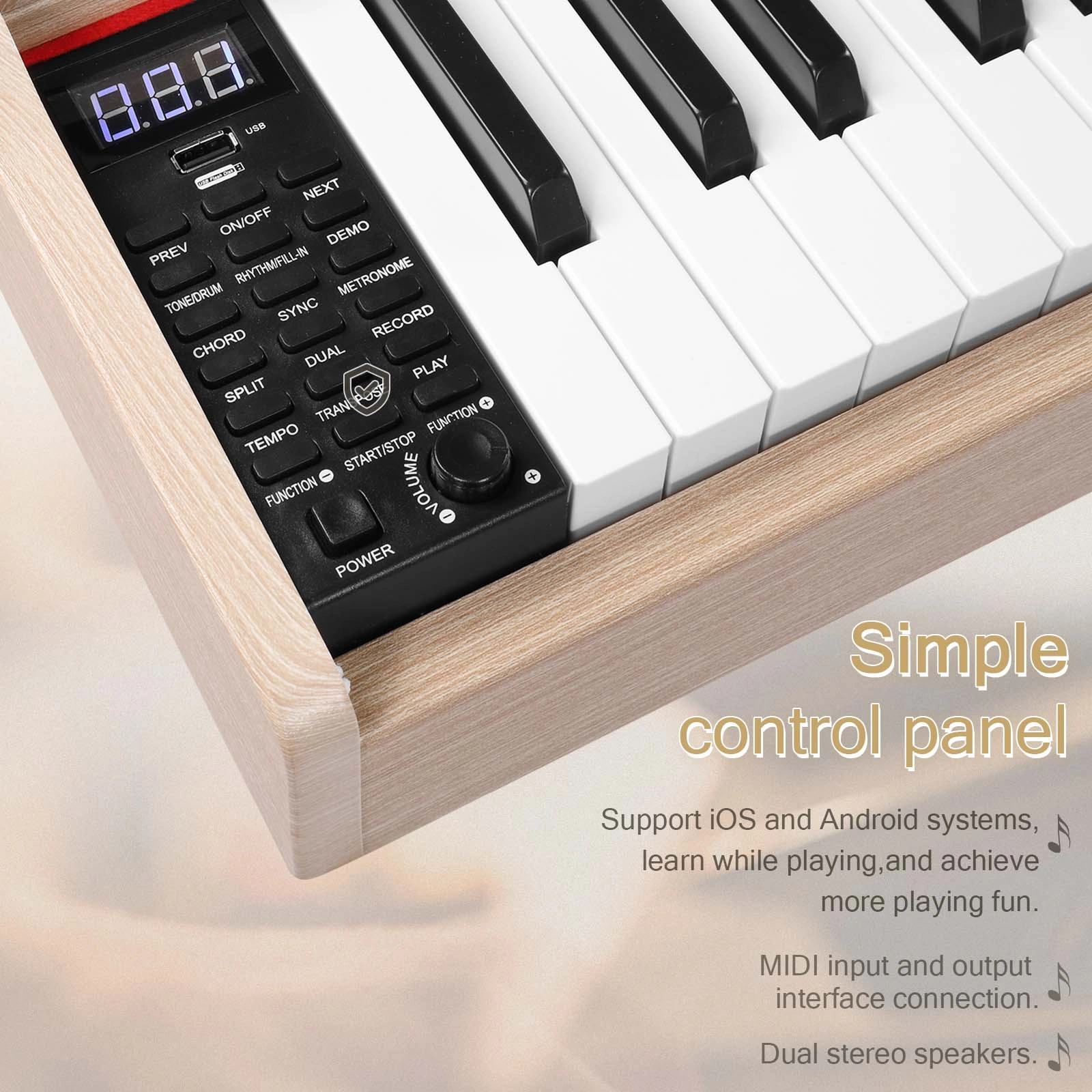 Glarry GDP-203 88-Key Full Weighted Digital Piano with Stand Power Adapter Triple Pedals Headphones Natural Wood view 4