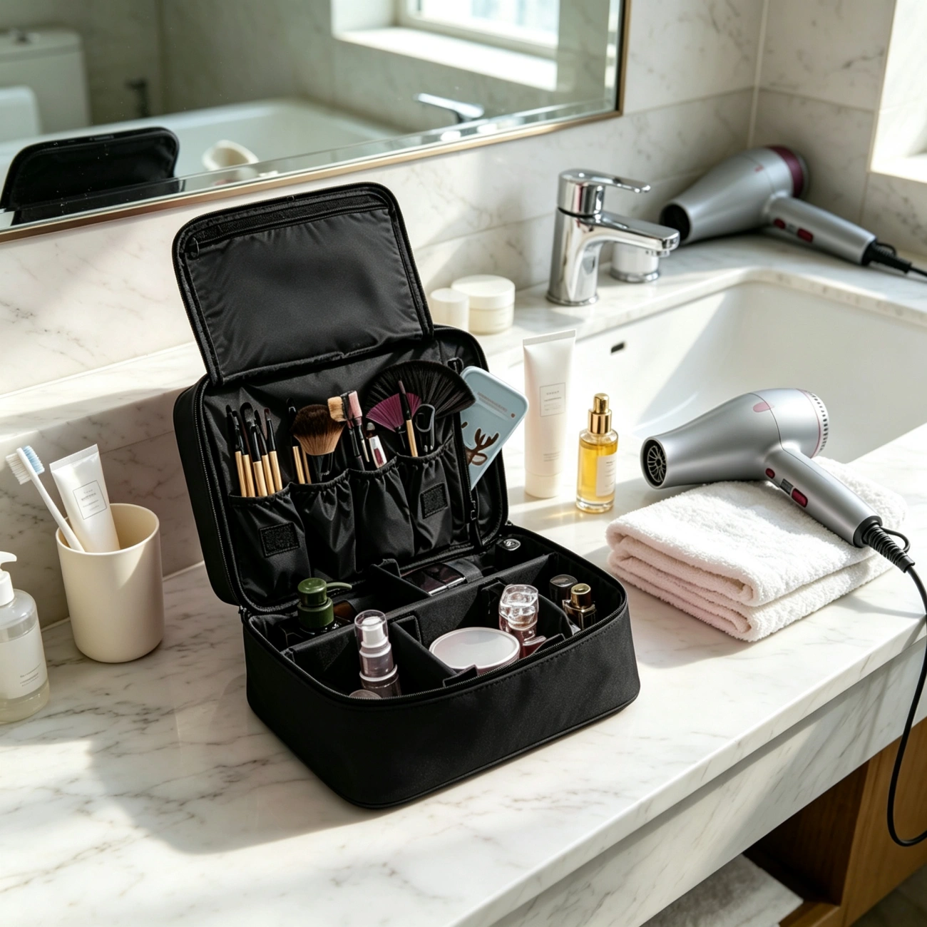 Portable Makeup Bag with Handle, Black Travel Toiletry Wash Organizer Case, Cosmetic Pouch view 5