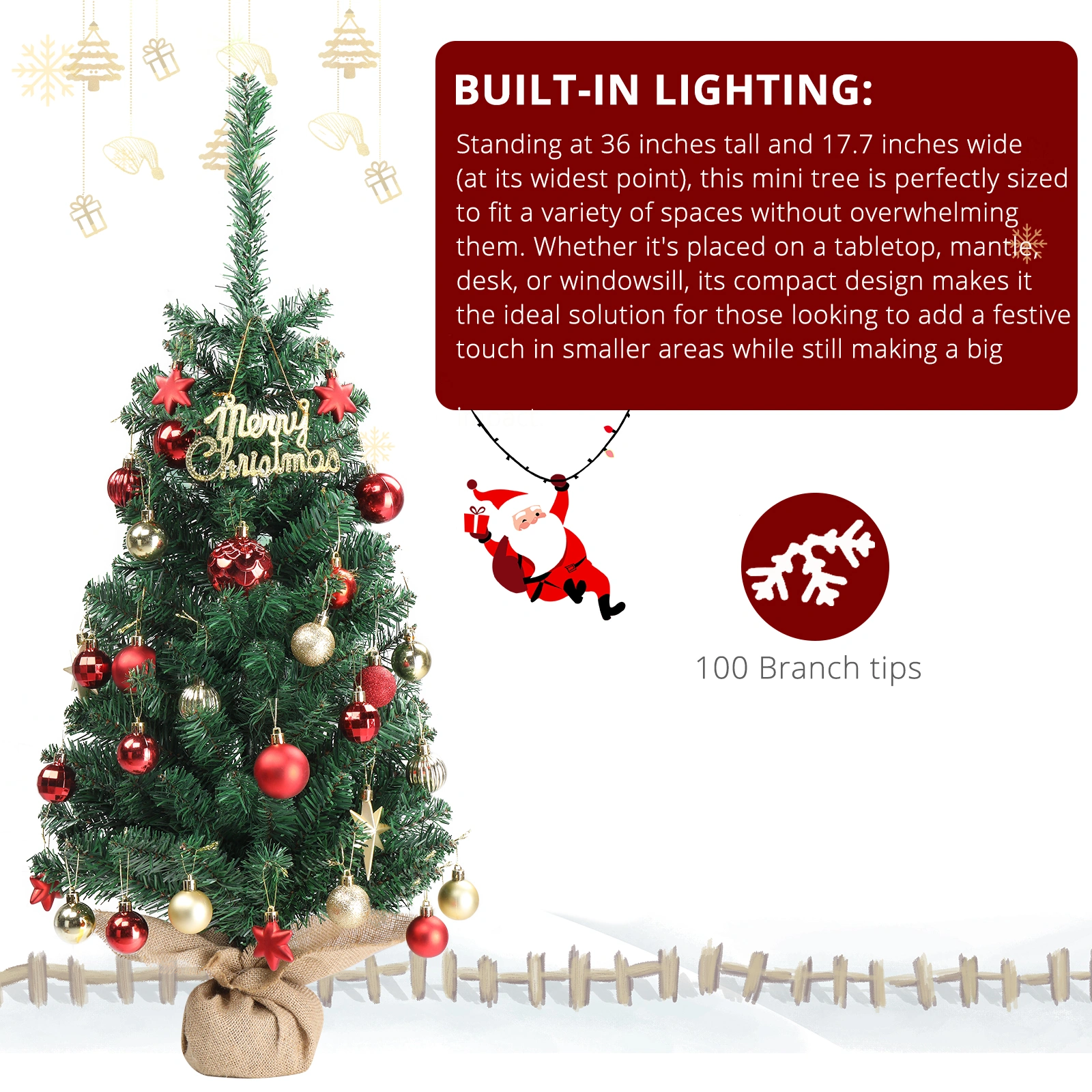 36 Inch Artificial Mini Christmas Tree with Cloth Bag Base, 100 Branch Tips, Green Tabletop Xmas Tree for Home Office Decor view 2