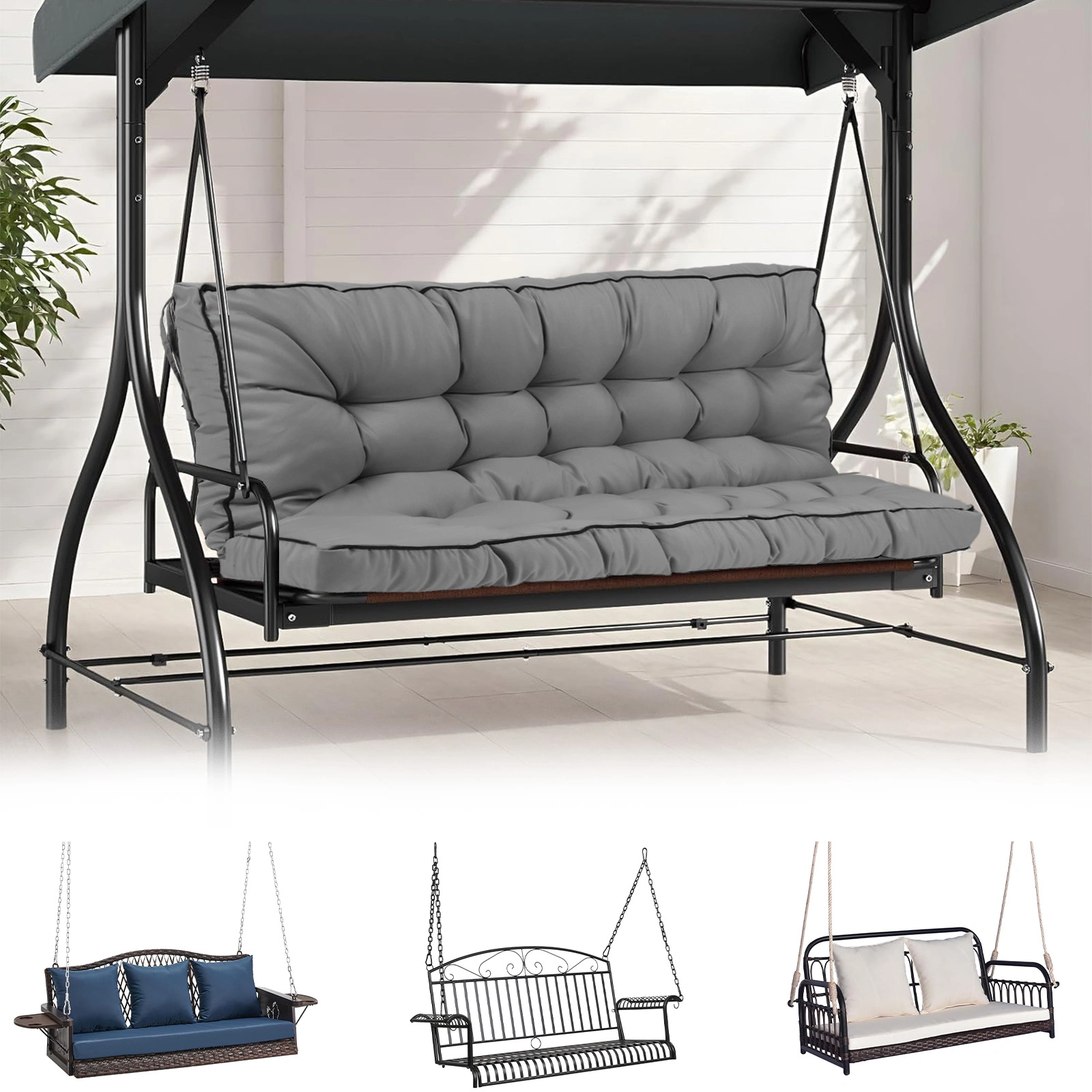 Outdoor Swing Cushions 55 Inch, Waterproof 4" Thick Porch Swing Cushion Replacement with Backrest and Ties, Comfortable 2-3 Seat Pation Swing Pad for Backyard, Garden, Lawn, Outdoor Furniture(Light grey) view 2