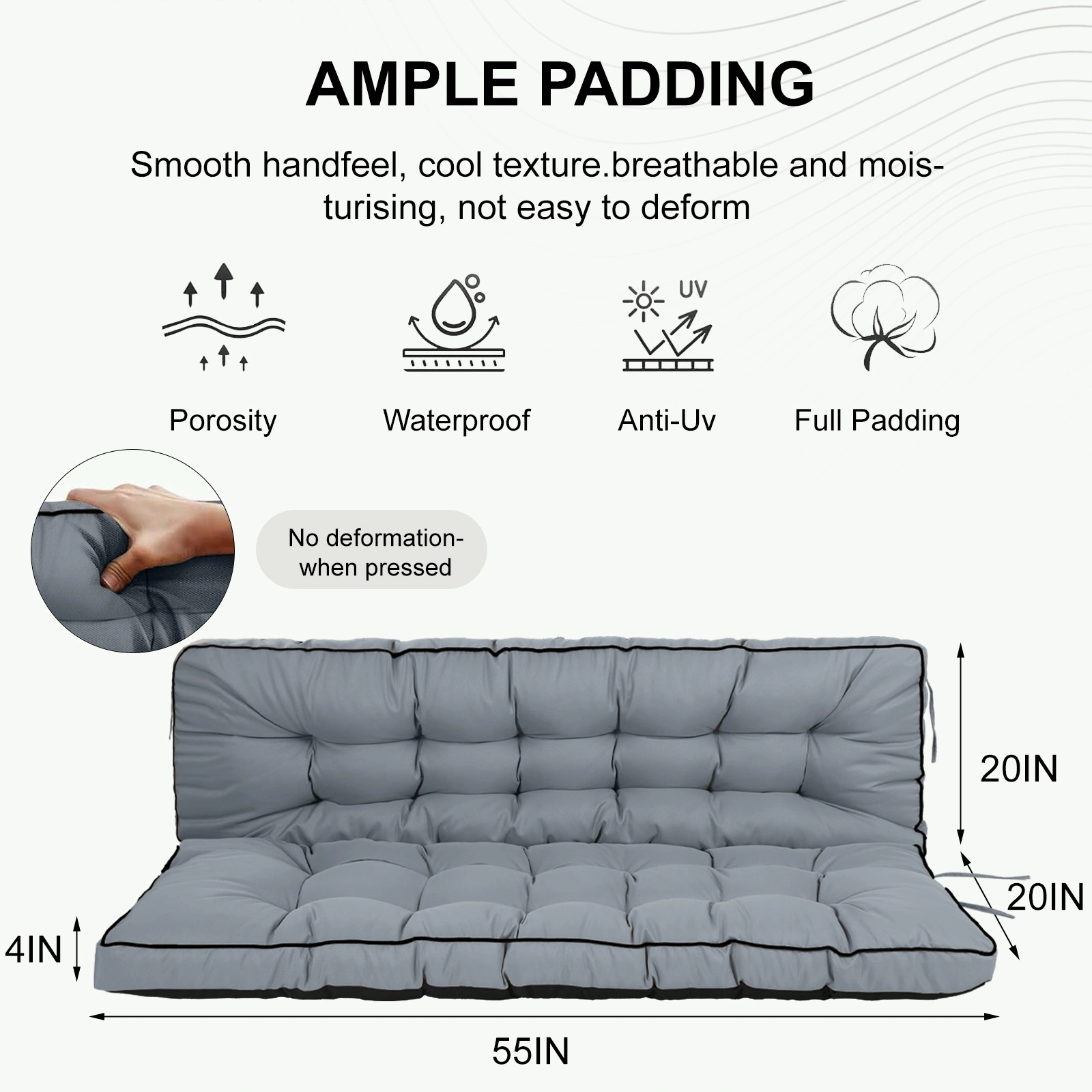 Outdoor Swing Cushions 55 Inch, Waterproof 4" Thick Porch Swing Cushion Replacement with Backrest and Ties, Comfortable 2-3 Seat Pation Swing Pad for Backyard, Garden, Lawn, Outdoor Furniture(Light grey) view 5