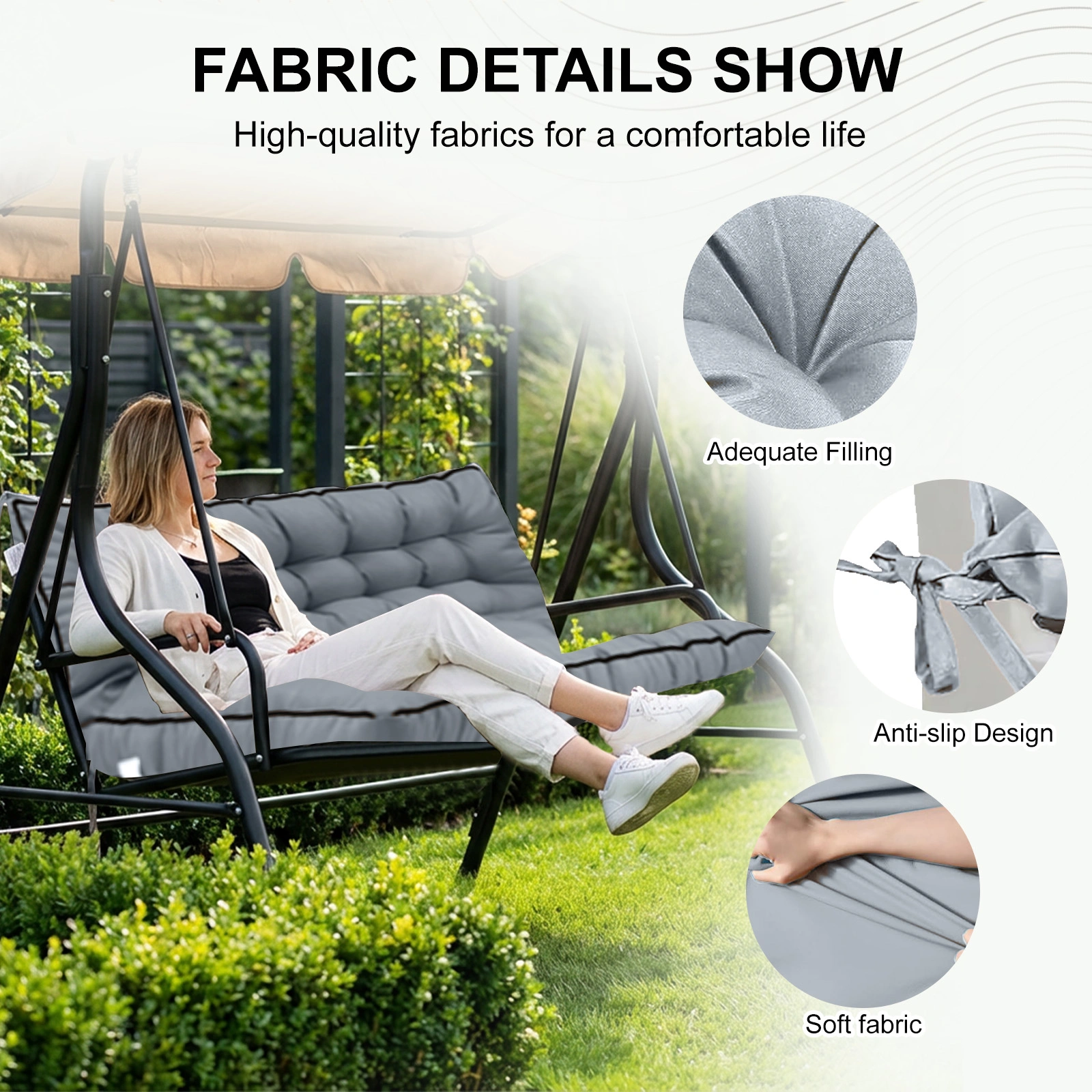 Outdoor Swing Cushions 55 Inch, Waterproof 4" Thick Porch Swing Cushion Replacement with Backrest and Ties, Comfortable 2-3 Seat Pation Swing Pad for Backyard, Garden, Lawn, Outdoor Furniture(Light grey) view 7