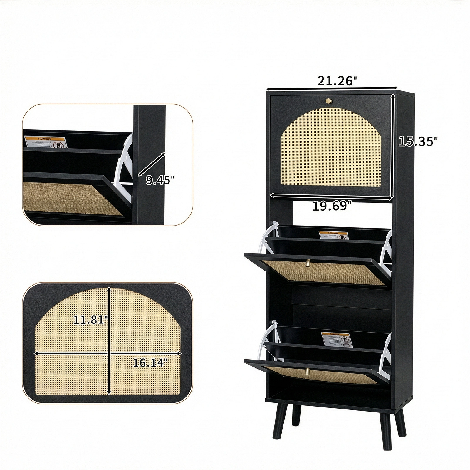 Rattan-fronted 3-tier shoe cabinet, particleboard, 54*24*135 cm, black view 5