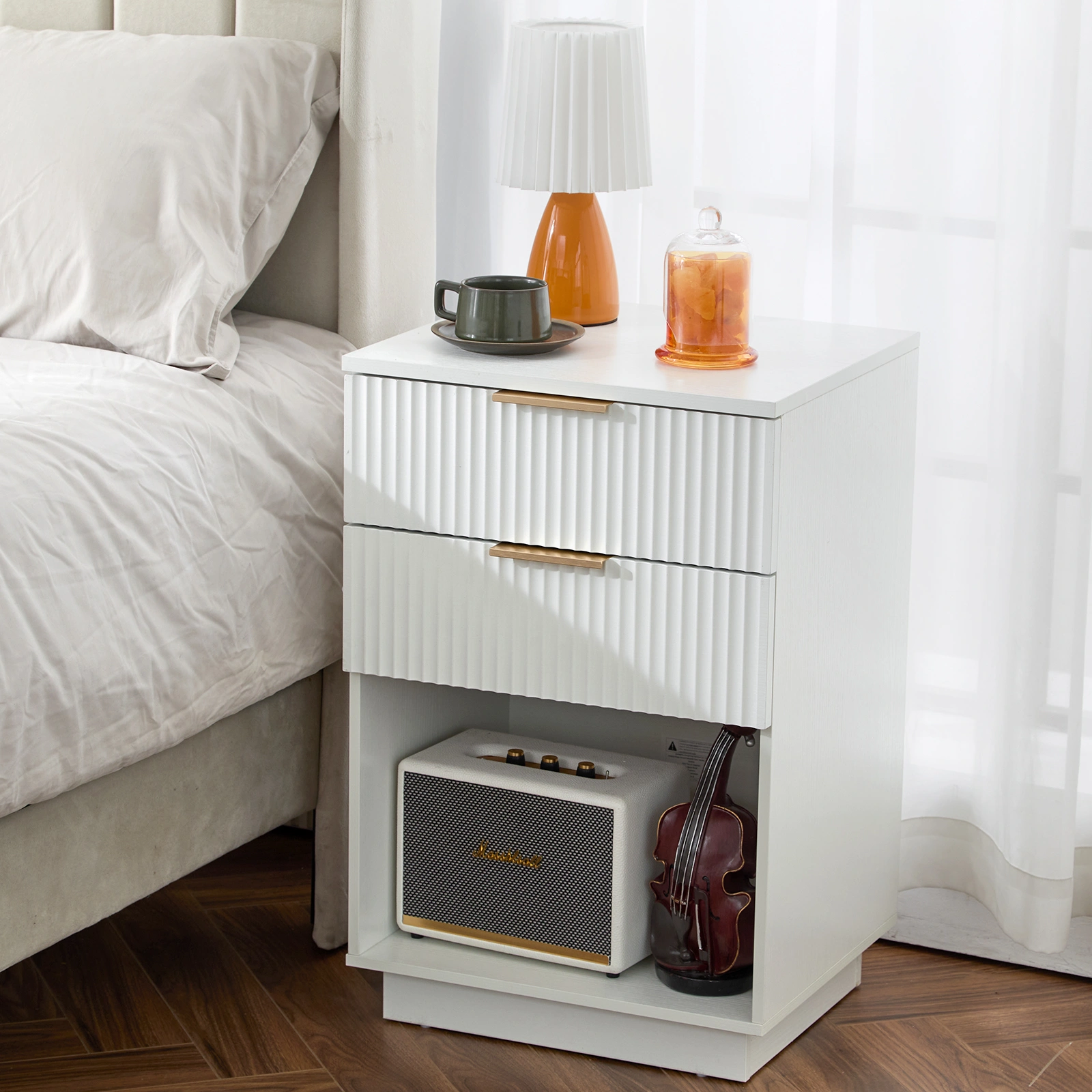 White P2 Density Board Wavy Pattern Drawer Front Two-Drawer Bedside Cabinet