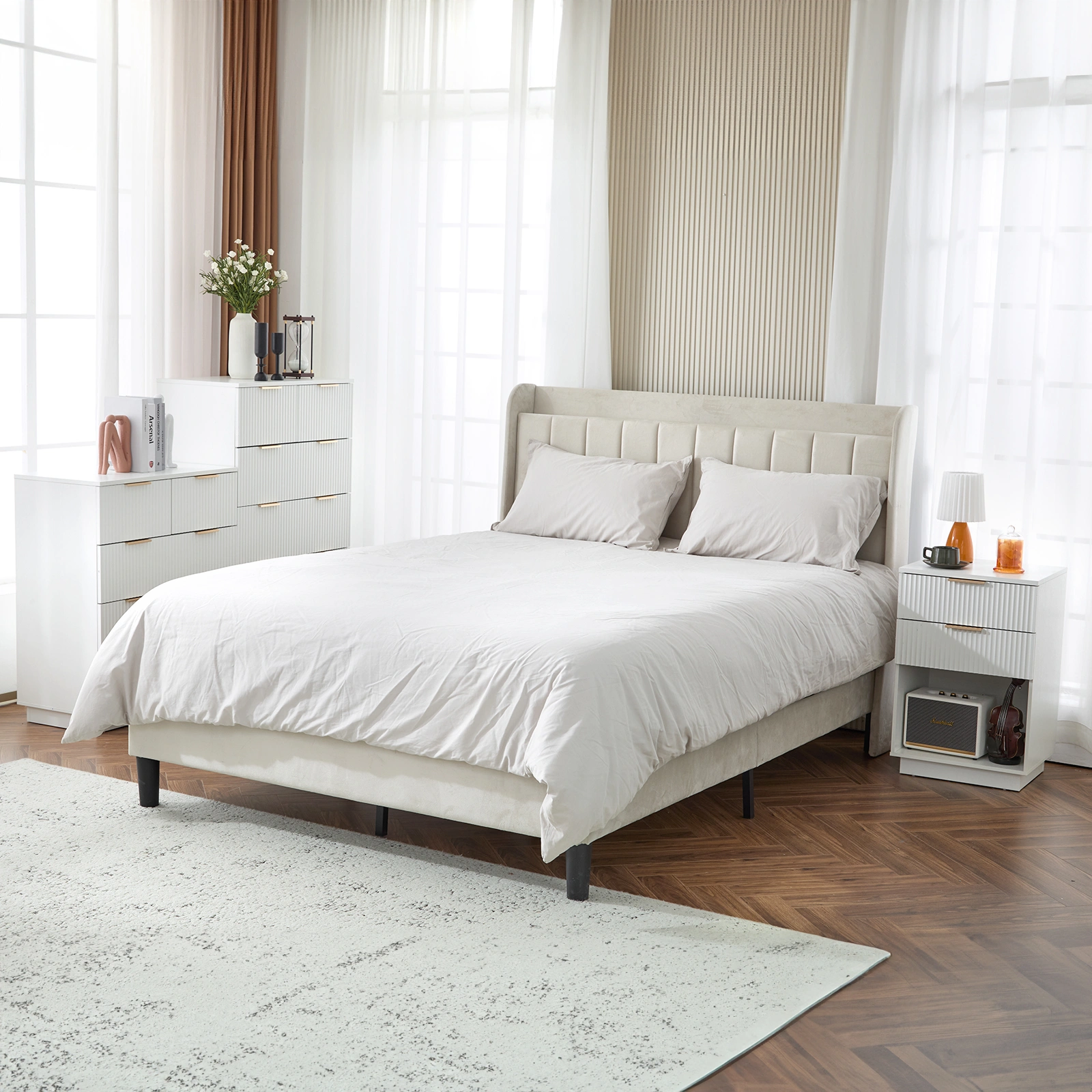 White P2 Density Board Wavy Pattern Drawer Front Two-Drawer Bedside Cabinet view 5