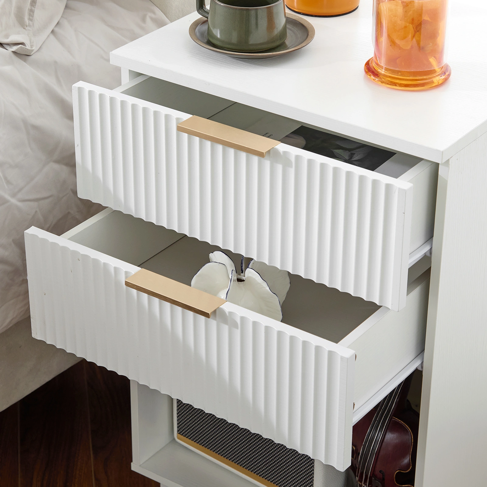 White P2 Density Board Wavy Pattern Drawer Front Two-Drawer Bedside Cabinet view 8