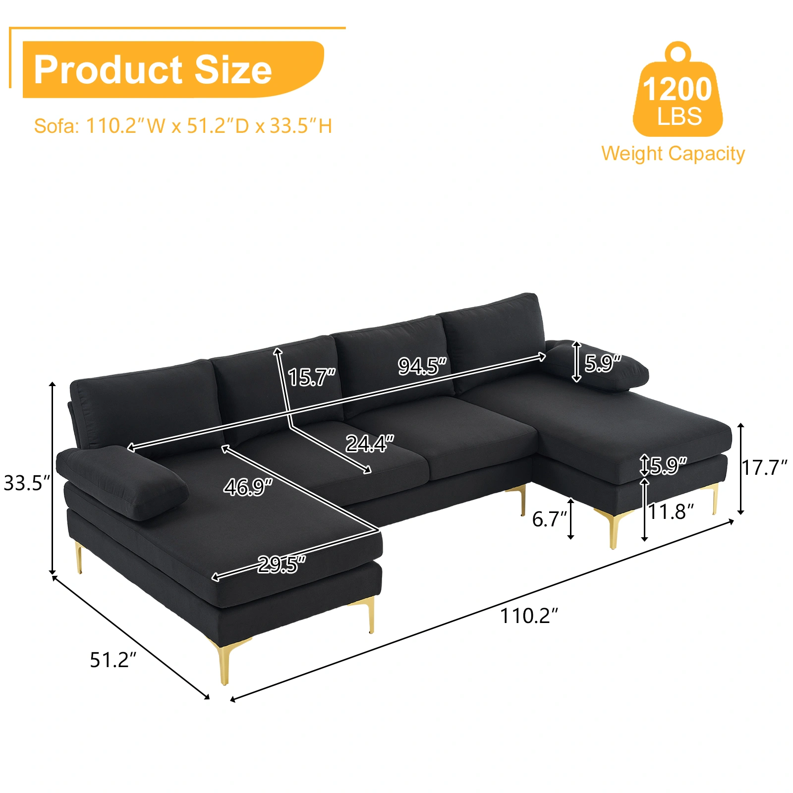 280*130*85 U-Shaped 4-Seat Linen Seat Frame Wooden Frame Back Iron Frame Golden Feet Indoor Modular Sofa Black view 10