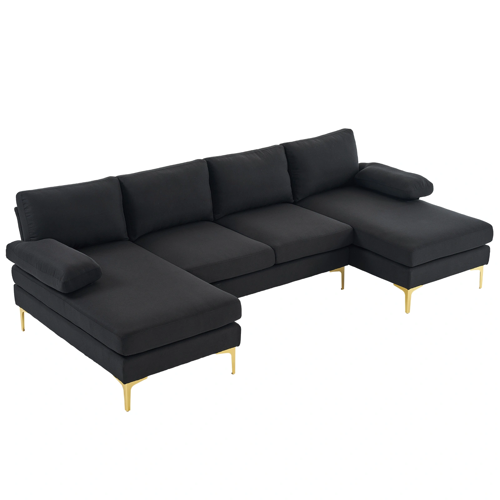 280*130*85 U-Shaped 4-Seat Linen Seat Frame Wooden Frame Back Iron Frame Golden Feet Indoor Modular Sofa Black view 2