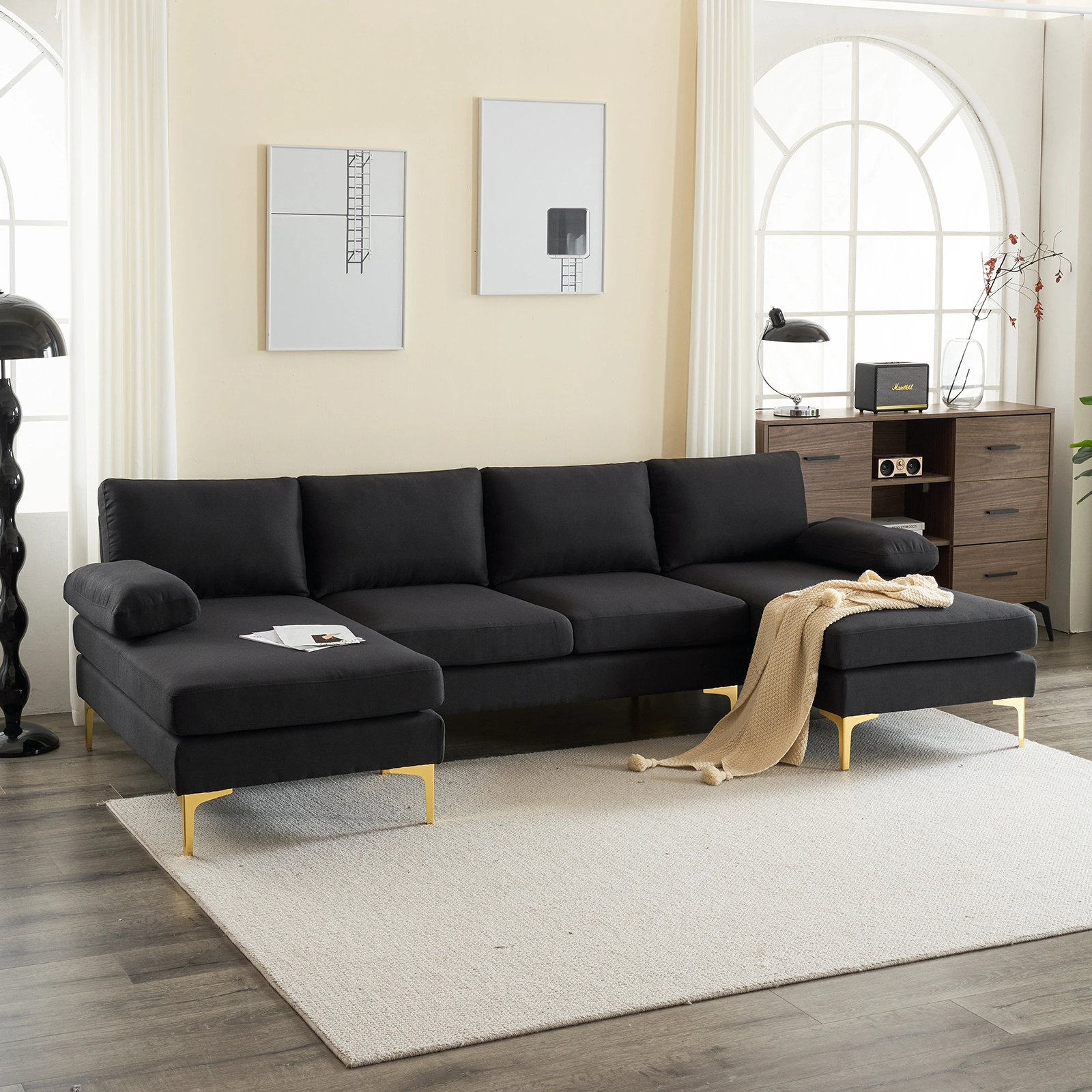280*130*85 U-Shaped 4-Seat Linen Seat Frame Wooden Frame Back Iron Frame Golden Feet Indoor Modular Sofa Black view 20