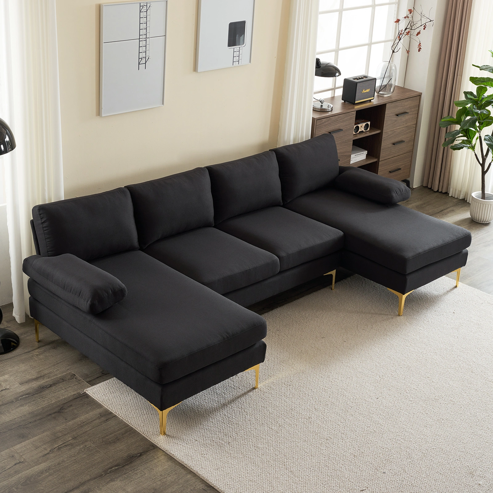 280*130*85 U-Shaped 4-Seat Linen Seat Frame Wooden Frame Back Iron Frame Golden Feet Indoor Modular Sofa Black view 23