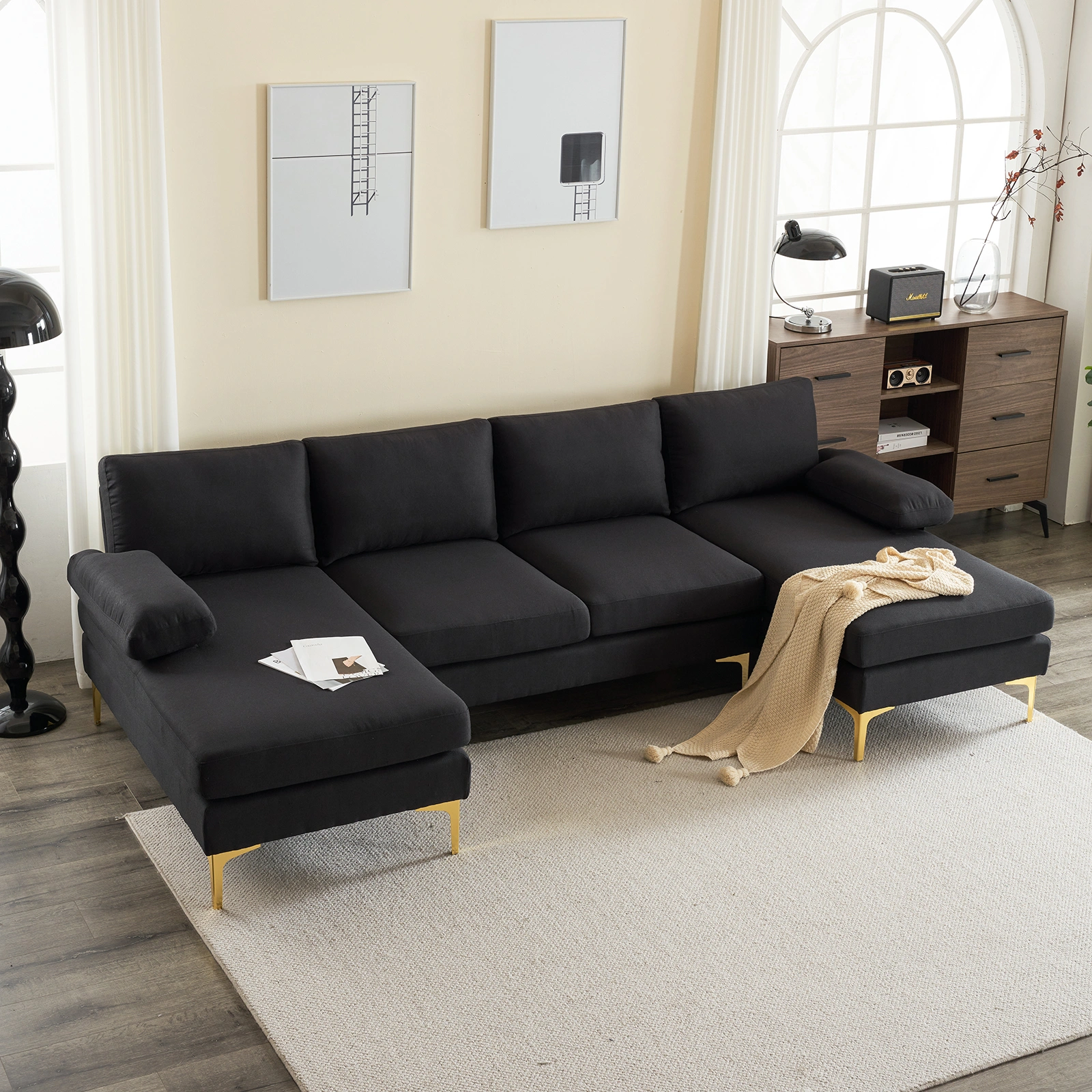 280*130*85 U-Shaped 4-Seat Linen Seat Frame Wooden Frame Back Iron Frame Golden Feet Indoor Modular Sofa Black view 25