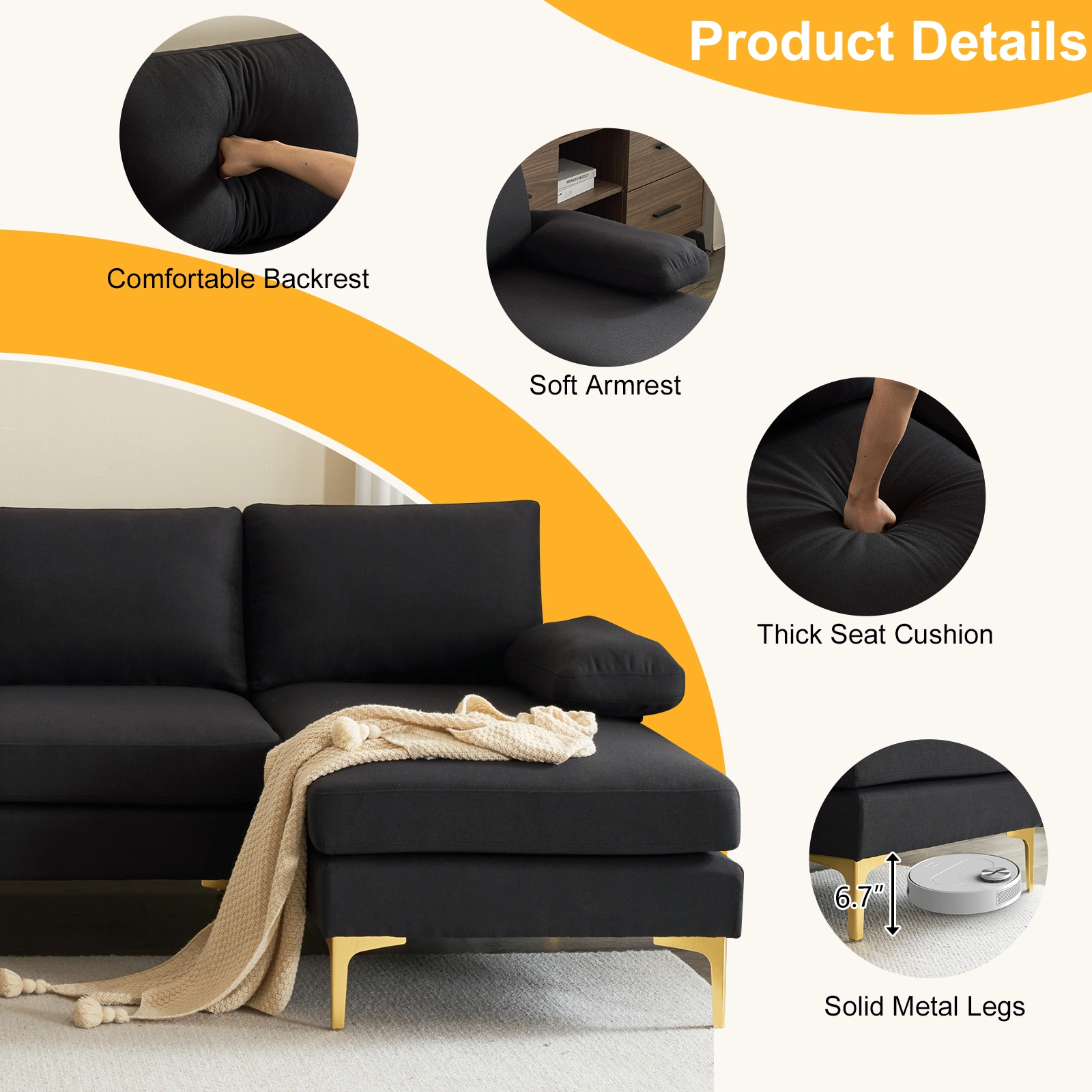 280*130*85 U-Shaped 4-Seat Linen Seat Frame Wooden Frame Back Iron Frame Golden Feet Indoor Modular Sofa Black view 9