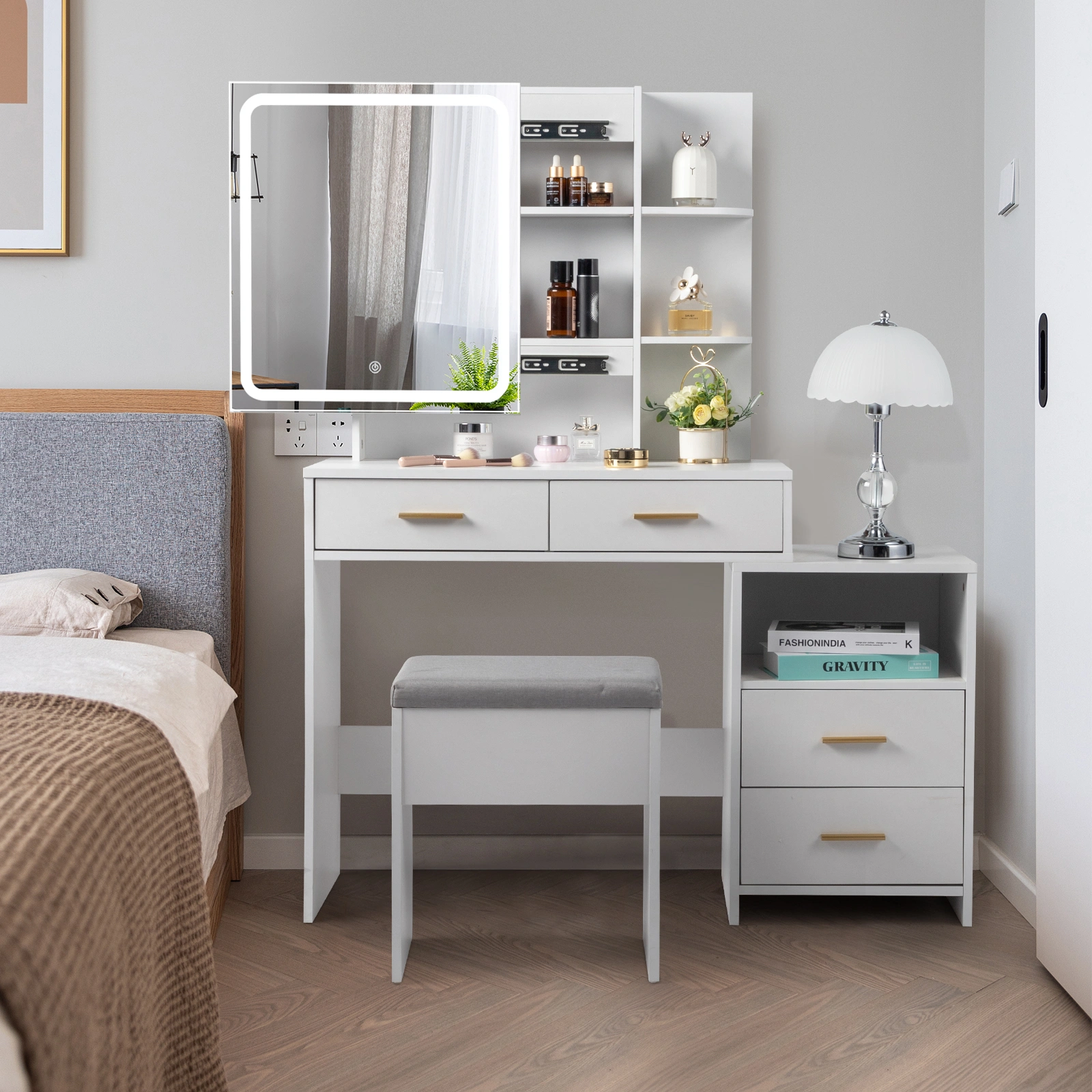 White Dressing Table Set with Mirror Cabinet, Particleboard Triamine Veneer, 4 Drawers, 2 Shelves, LED 3-Tone Light view 2