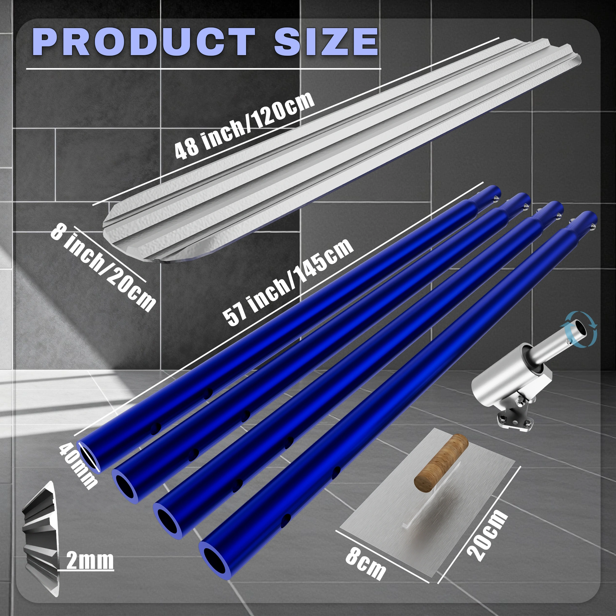 48''x8'' Concrete Bull Float with T Trowel, Aluminium Alloy Finish Tool, Adjustable Bracket, 4 Handles, Pro Smoothing for Construction view 4