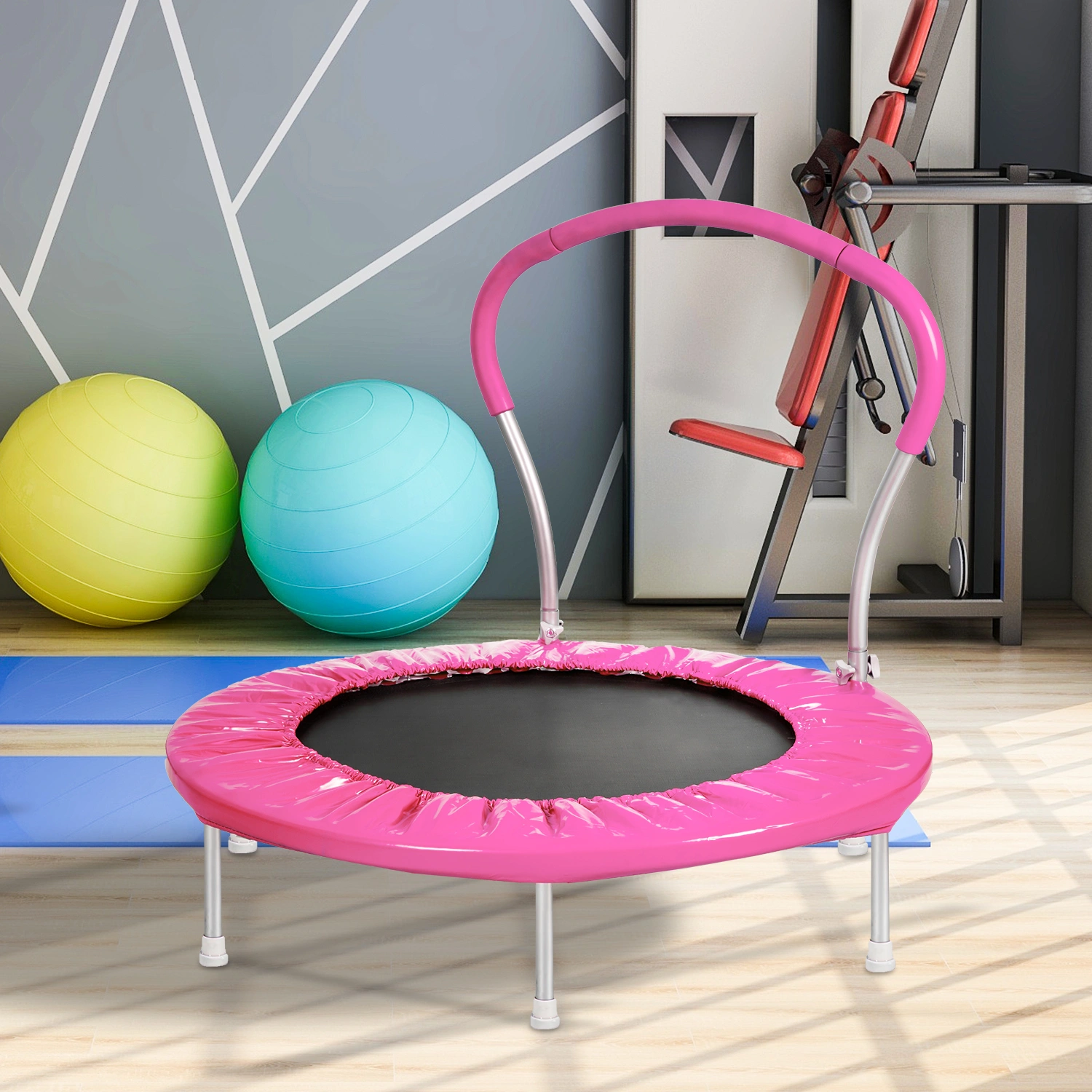 36 Inch Trampoline with Handle, Metal Frame Jumping Mat for Kids, Outdoor Indoor Trampoline with Safety Handlebar view 2
