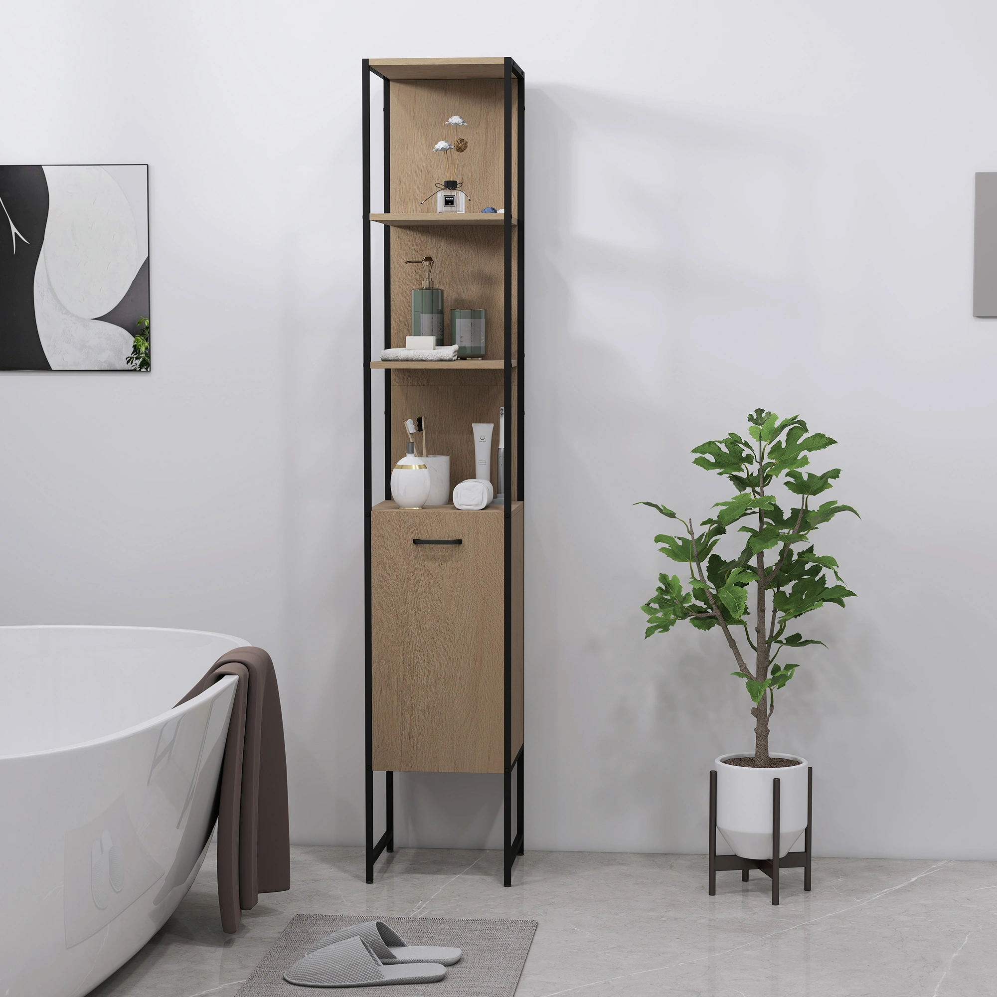 Bathroom Storage Cabinet White, Tall Floor Storage Organizer with Doors, Modern White Bath Storage Cupboard view 5