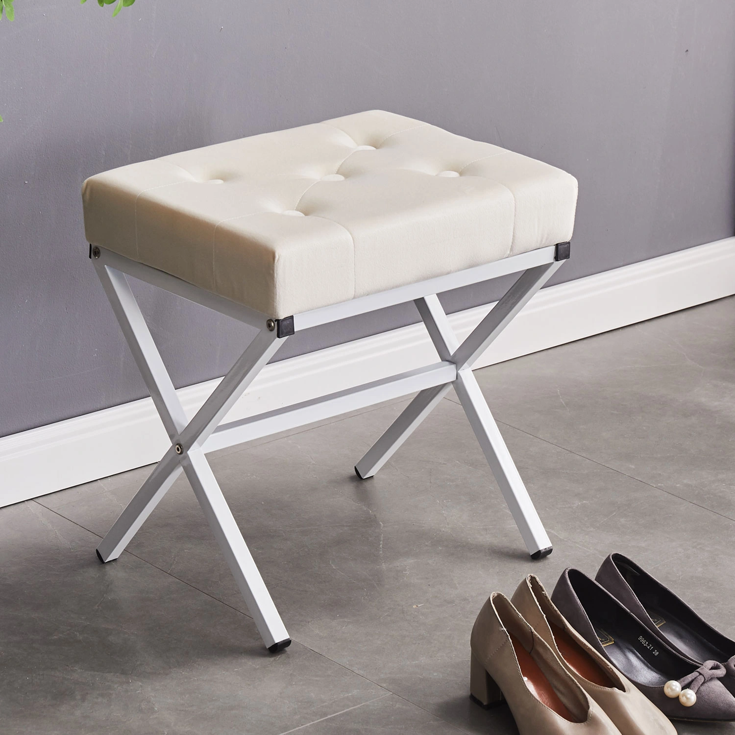 White Velvet Tufted Ottoman Foot Stool - Thick Cushion Vanity Stool with Metal X Leg, Multifunctional Shoe Changing Seat for Living Room Bedroom view 2