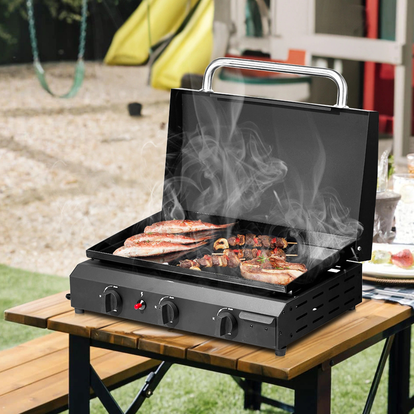 3-Burner Flat Top Gas Griddle Cooking Station with Ceramic Coated Cast Iron Pan, 30,000 BTU Propane Fuelled Griddle Station for Outdoor Barbecue Backyard Cookout view 6