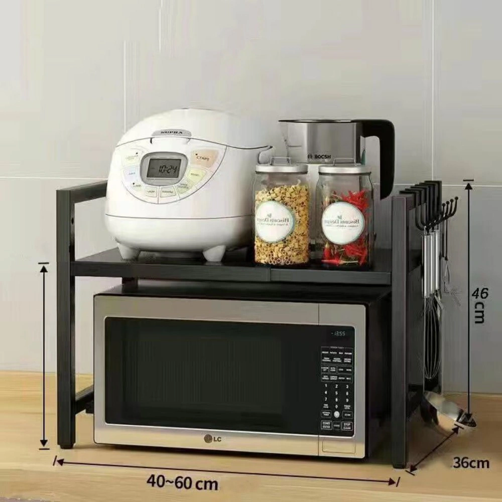 Black Extendable Kitchen Storage Rack, Single Layer Double Rod with 6 Hooks, Space Saving Pantry Organiser view 3