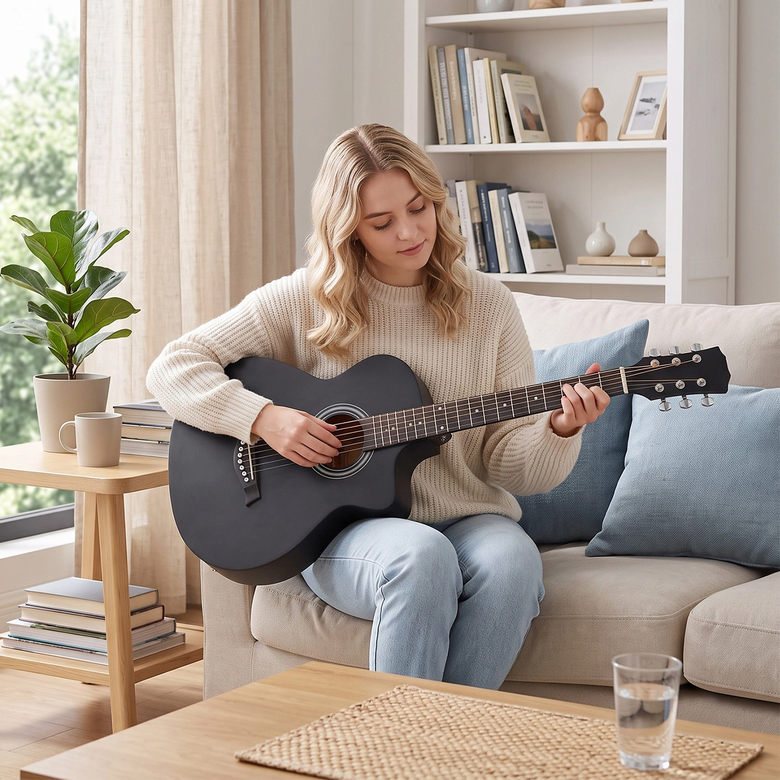 38 Inch Acoustic Guitar for Beginners, JF Body Shape Basswood Folk Guitar, 6-String Student Guitar with Case Picks & Strap - Matte Black view 10