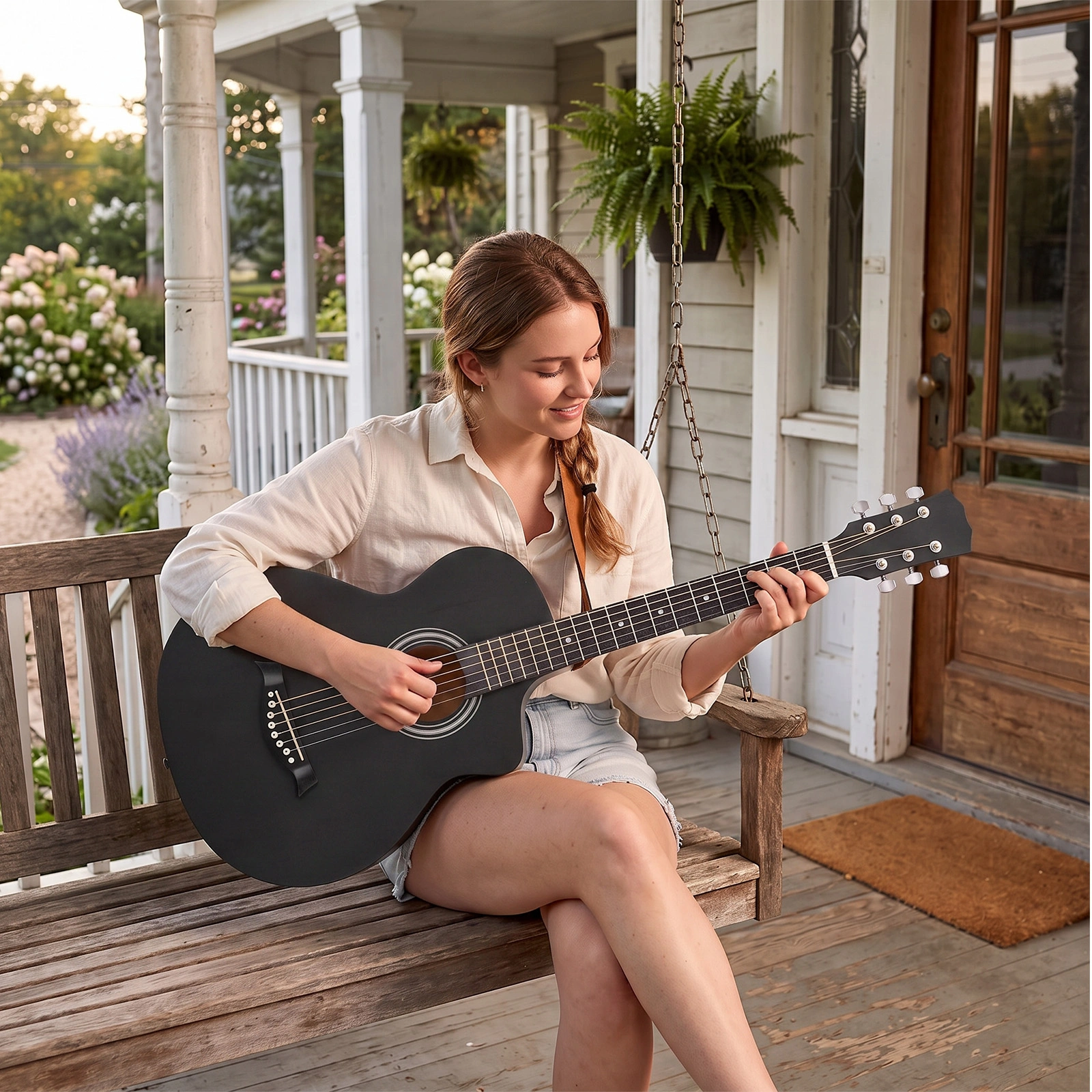 38 Inch Acoustic Guitar for Beginners, JF Body Shape Basswood Folk Guitar, 6-String Student Guitar with Case Picks & Strap - Matte Black view 9