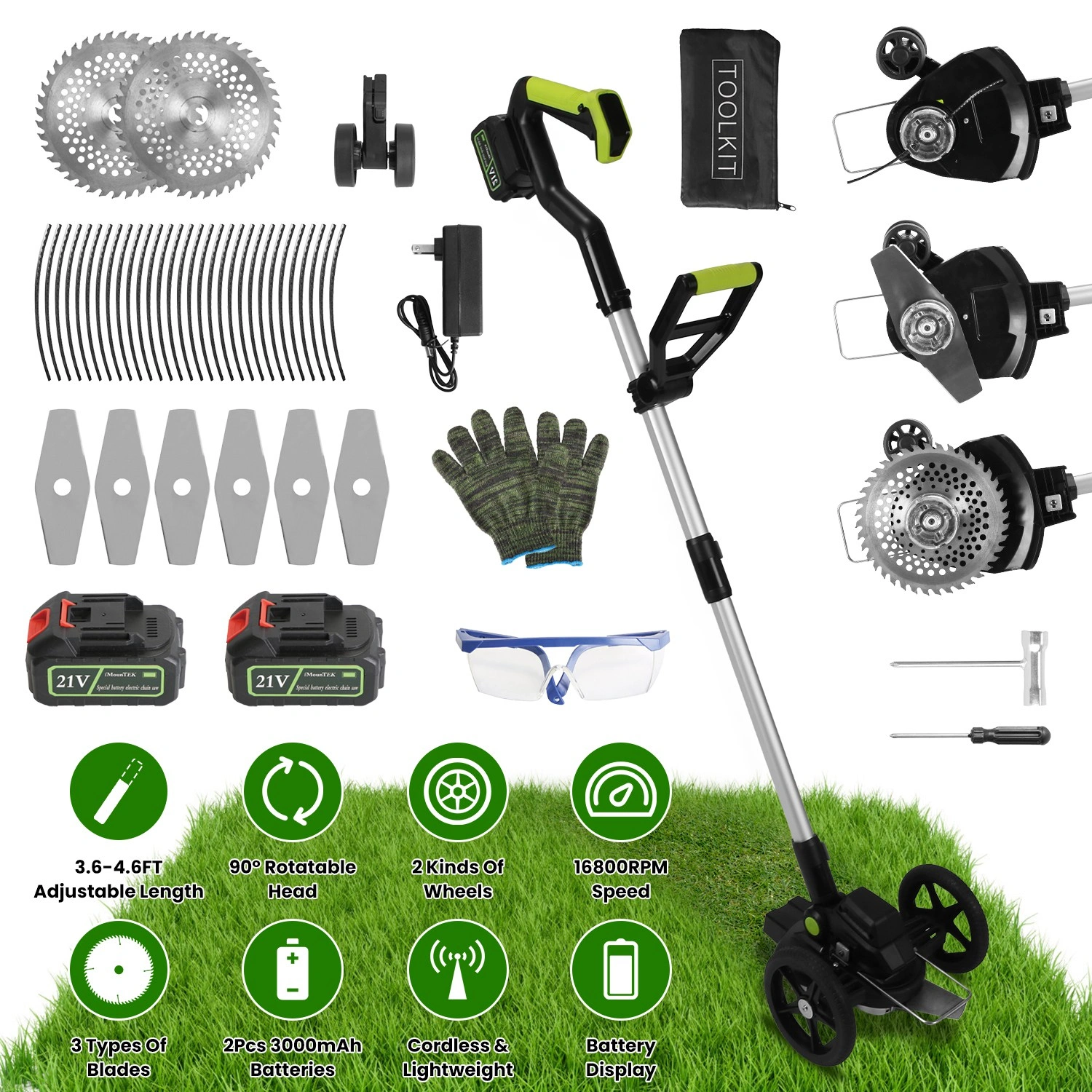 21V Electric Weed Edger Cordless String Trimmer Grass Mower Eater Bush Cutter with 16800RPM 2x 3000mAh Batteries 3.6-4.6FT Length 90° Rotatable Angle Saw Blade Steel Blade String Blade