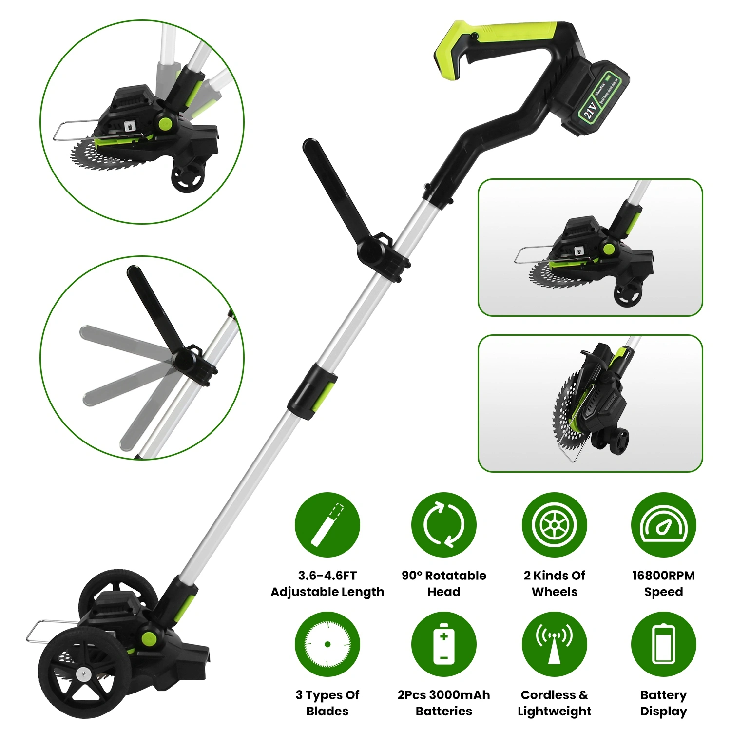 21V Electric Weed Edger Cordless String Trimmer Grass Mower Eater Bush Cutter with 16800RPM 2x 3000mAh Batteries 3.6-4.6FT Length 90° Rotatable Angle Saw Blade Steel Blade String Blade view 11