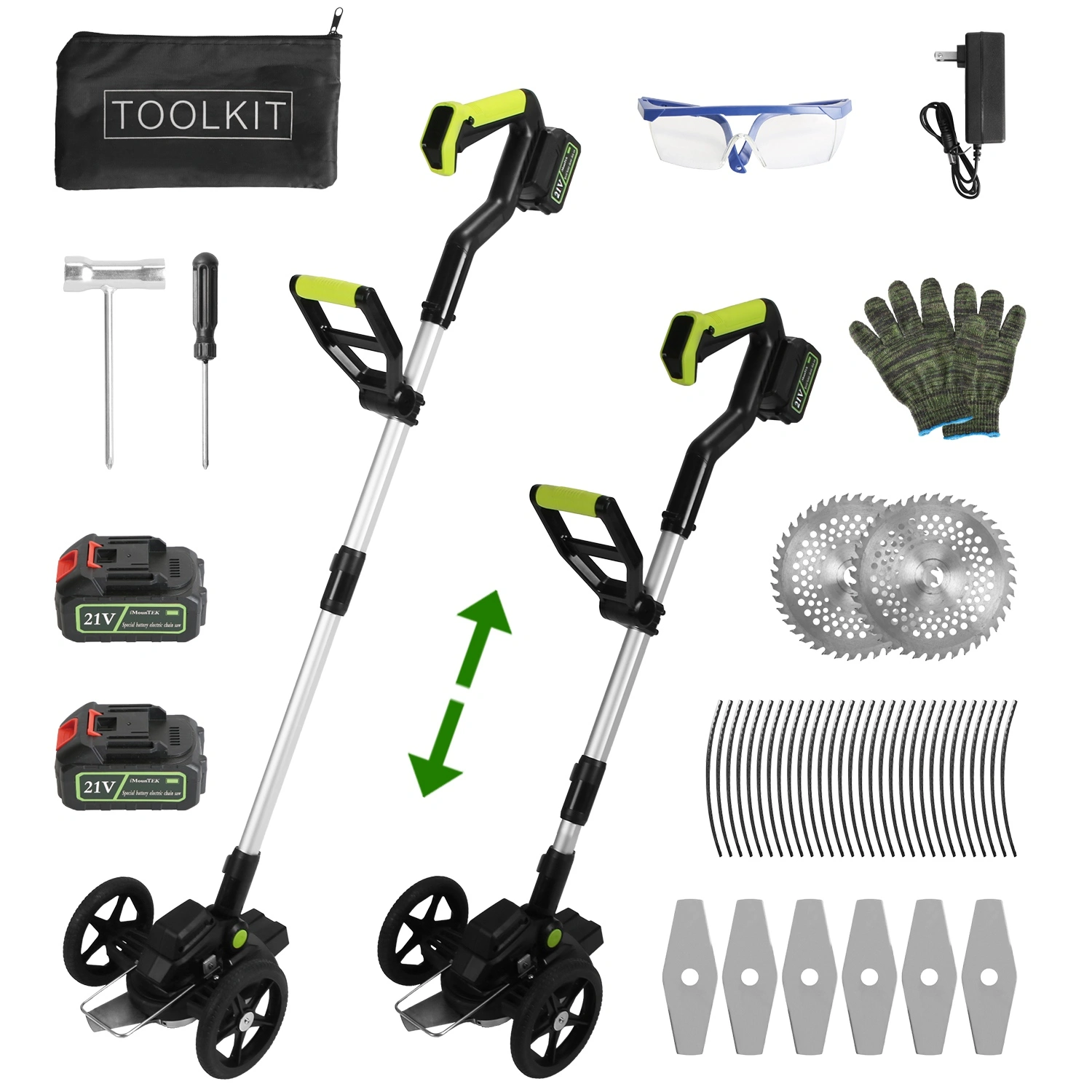 21V Electric Weed Edger Cordless String Trimmer Grass Mower Eater Bush Cutter with 16800RPM 2x 3000mAh Batteries 3.6-4.6FT Length 90° Rotatable Angle Saw Blade Steel Blade String Blade view 16