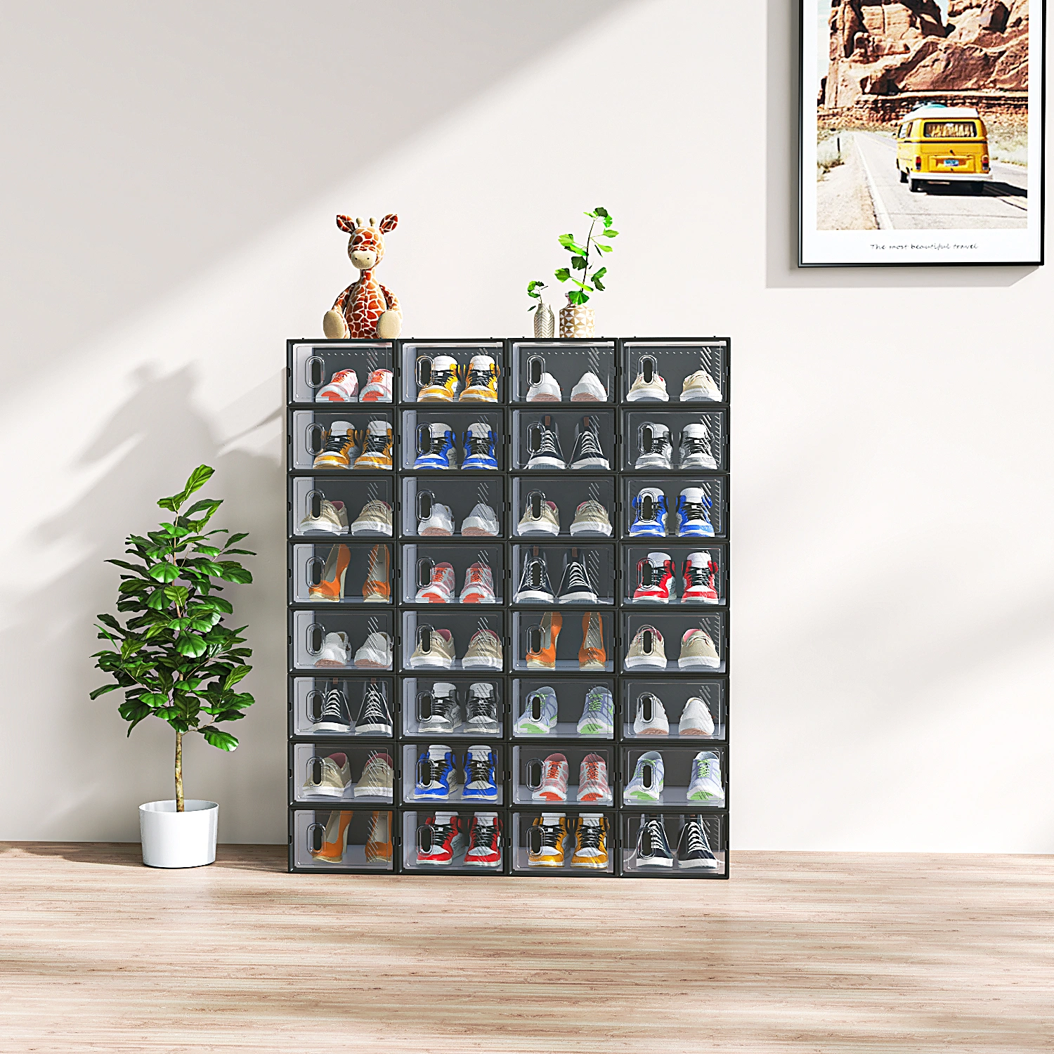 32PCS Black Small Shoe Boxes 33x23x14cm Plastic Mesh Stackable Freely Combinable