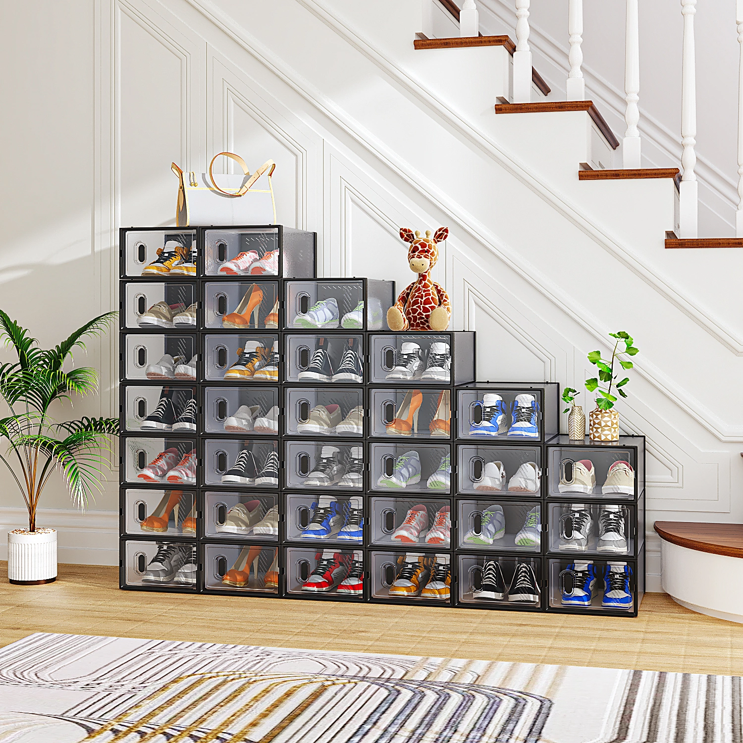 32PCS Black Small Shoe Boxes 33x23x14cm Plastic Mesh Stackable Freely Combinable view 2