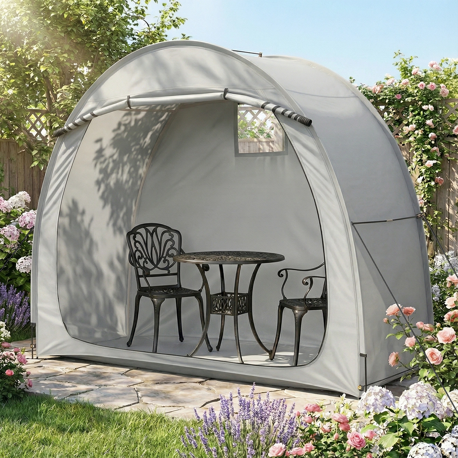 6.8x2.6FT Light Gray Arc Bicycle Storage Shed, 210D PU Silver Coated Oxford Cloth Bike Storage Tent with Fiberglass Frame view 14