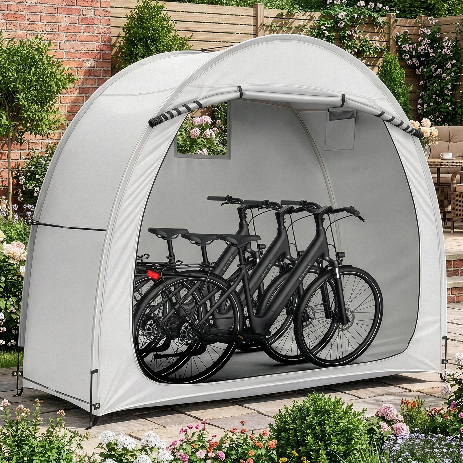 6.8x2.6FT Light Gray Arc Bicycle Storage Shed, 210D PU Silver Coated Oxford Cloth Bike Storage Tent with Fiberglass Frame view 16