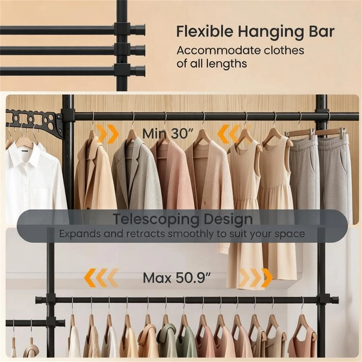 Floor to Ceiling Tension Clothes Rack No Drill Heavy Duty Carbon Steel Garment Organizer, I/L/45° Angle Adjustable Closet System with 3 Vertical Rods 4 Hanging Bars Drying Rack Reacher Pole for Rental Apartment view 10