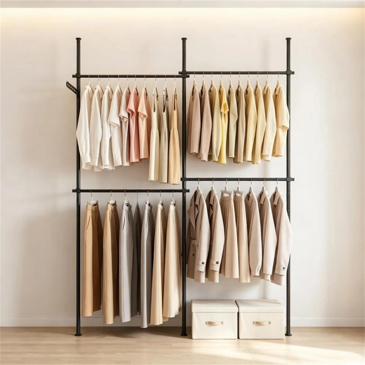 Floor to Ceiling Tension Clothes Rack No Drill Heavy Duty Carbon Steel Garment Organizer, I/L/45° Angle Adjustable Closet System with 3 Vertical Rods 4 Hanging Bars Drying Rack Reacher Pole for Rental Apartment view 5