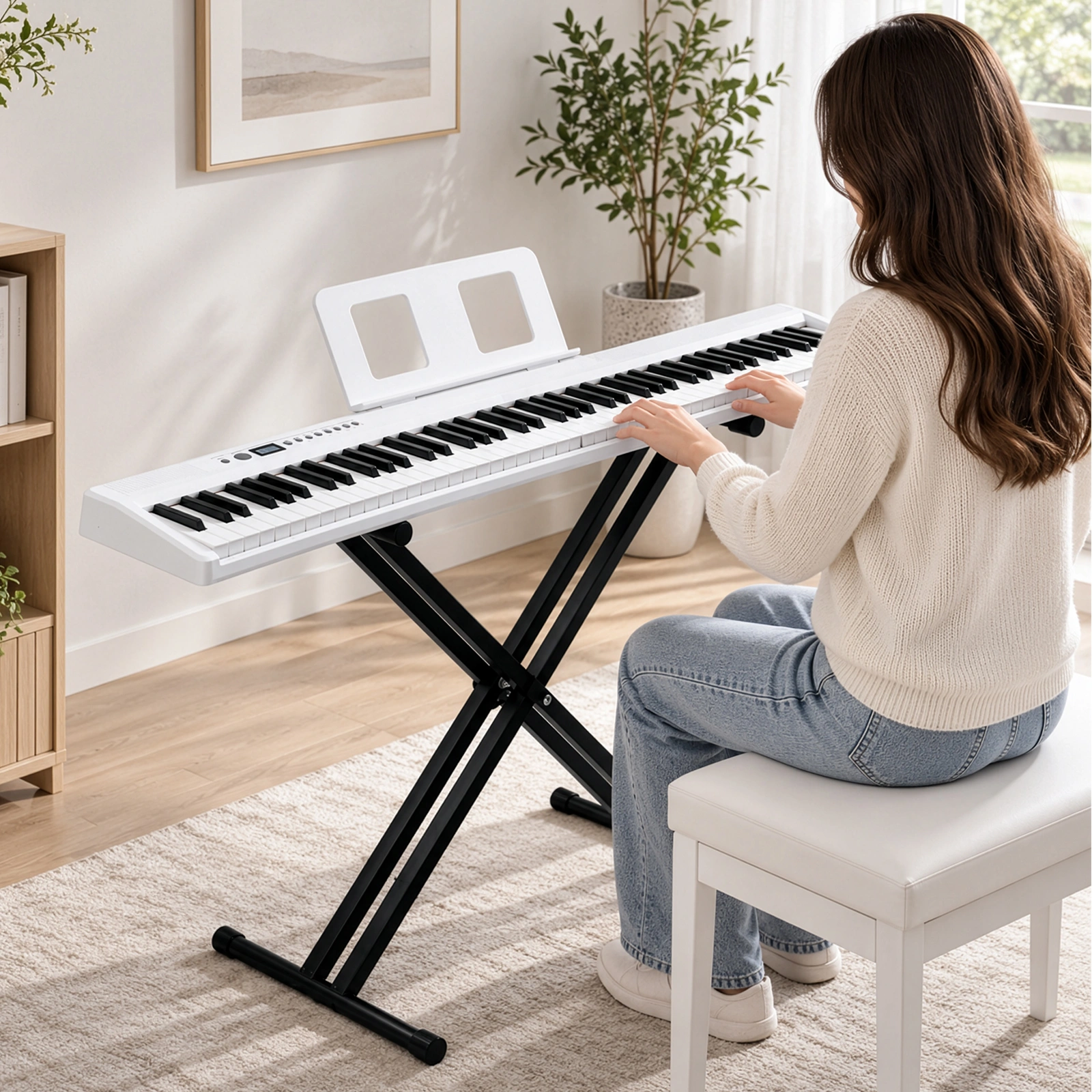 88 Key Folding Digital Piano Semi-Weighted with X-Shape Stand, MIDI Bluetooth, Headphones & Handbag - White view 10