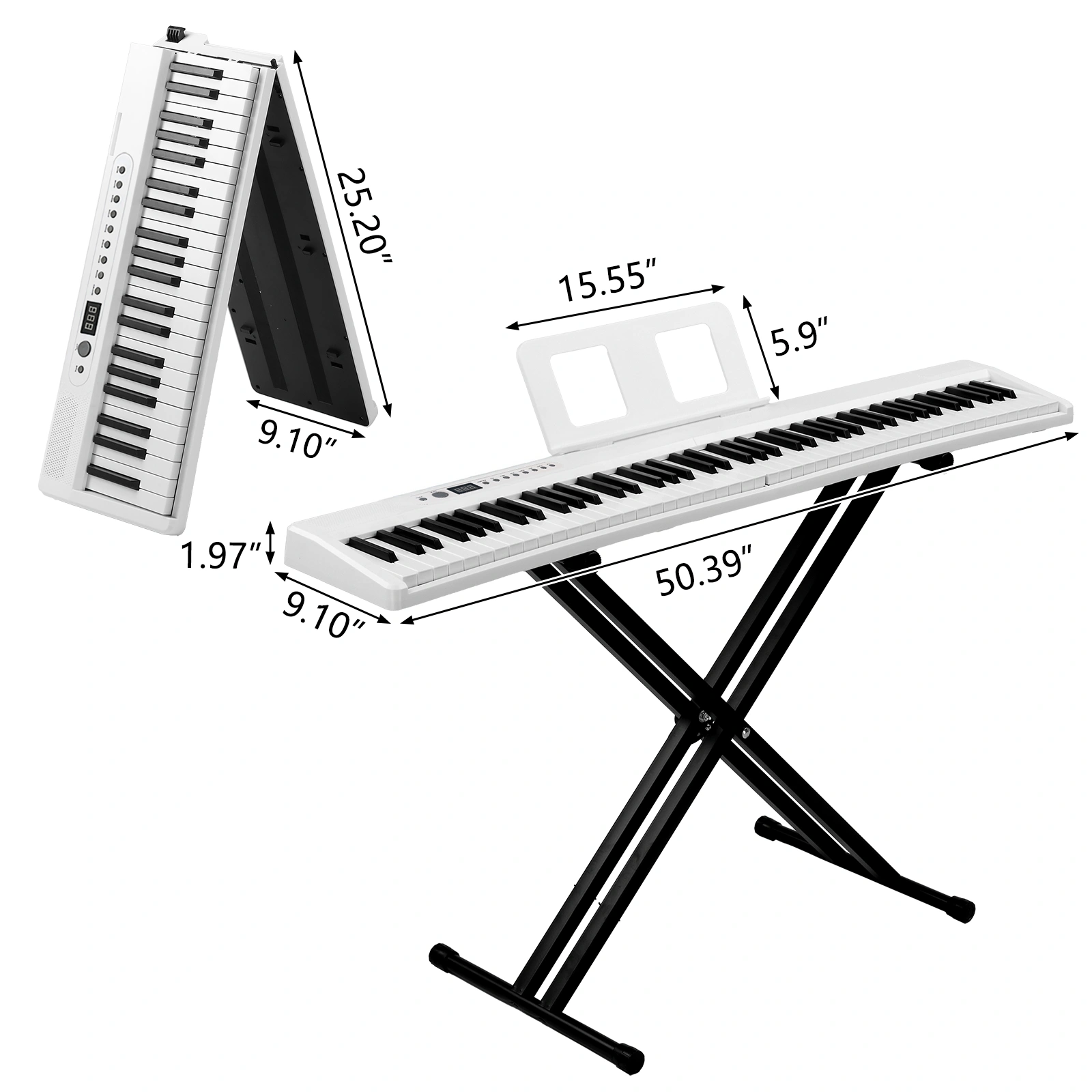 88 Key Folding Digital Piano Semi-Weighted with X-Shape Stand, MIDI Bluetooth, Headphones & Handbag - White view 2