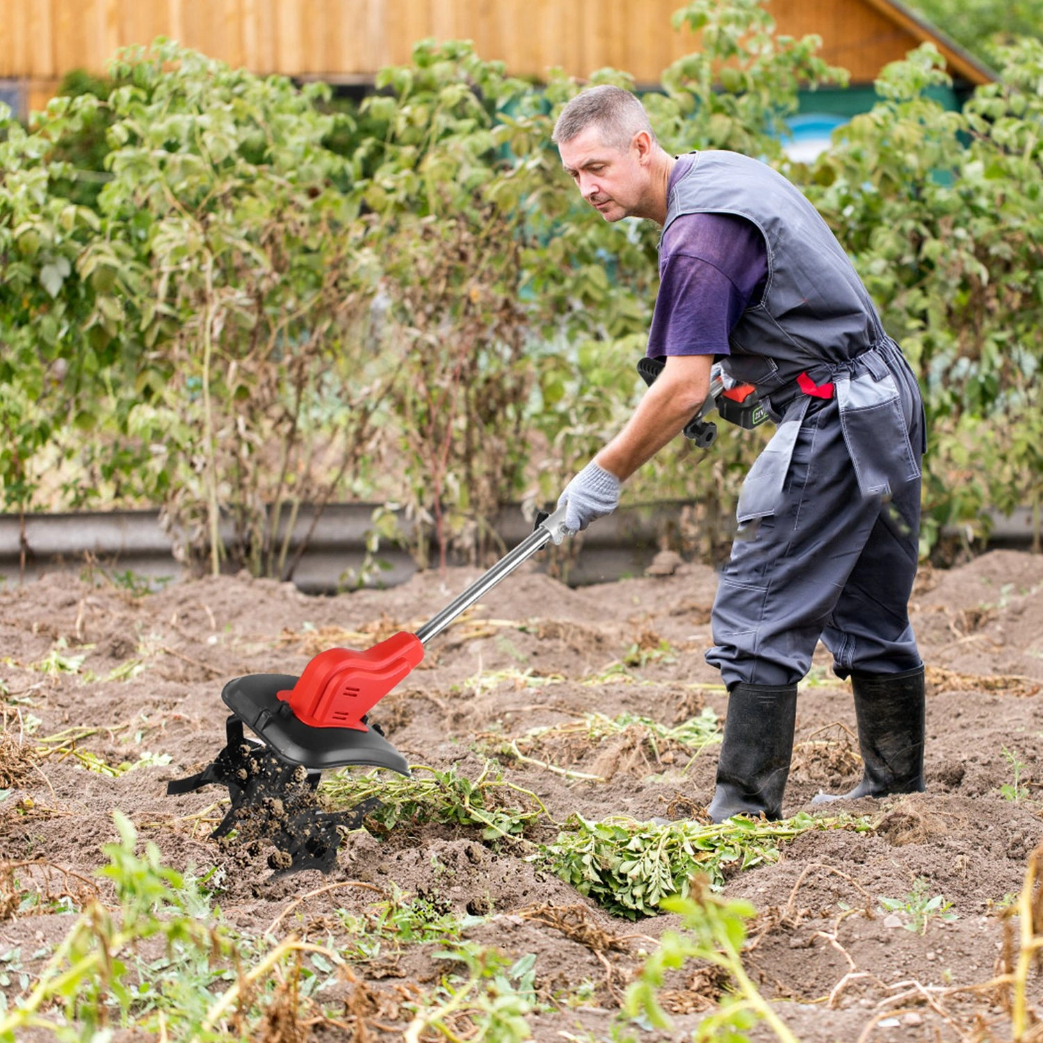 21V Electric Cordless Electric Soil Cultivator - 550W High Power 300RPM, 4-Blade 16 Steel Tines, 4000mAh Battery + Battery Display, Safety Protection + Auxiliary Handle, Perfect for Weeding/Lawn Care view 10