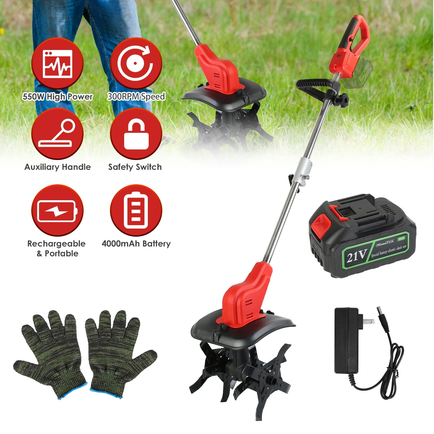 21V Electric Cordless Electric Soil Cultivator - 550W High Power 300RPM, 4-Blade 16 Steel Tines, 4000mAh Battery + Battery Display, Safety Protection + Auxiliary Handle, Perfect for Weeding/Lawn Care view 12