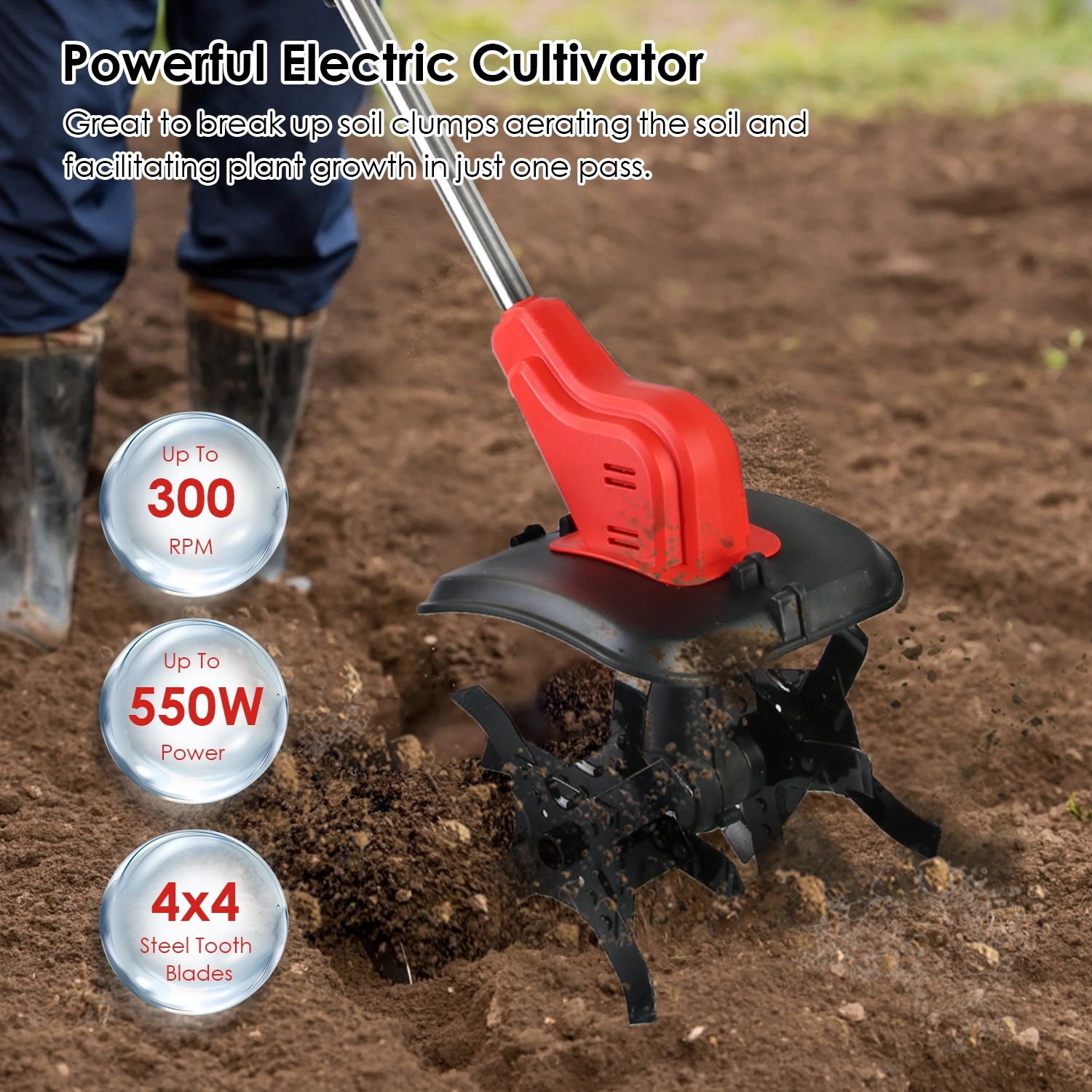 21V Electric Cordless Electric Soil Cultivator - 550W High Power 300RPM, 4-Blade 16 Steel Tines, 4000mAh Battery + Battery Display, Safety Protection + Auxiliary Handle, Perfect for Weeding/Lawn Care view 2