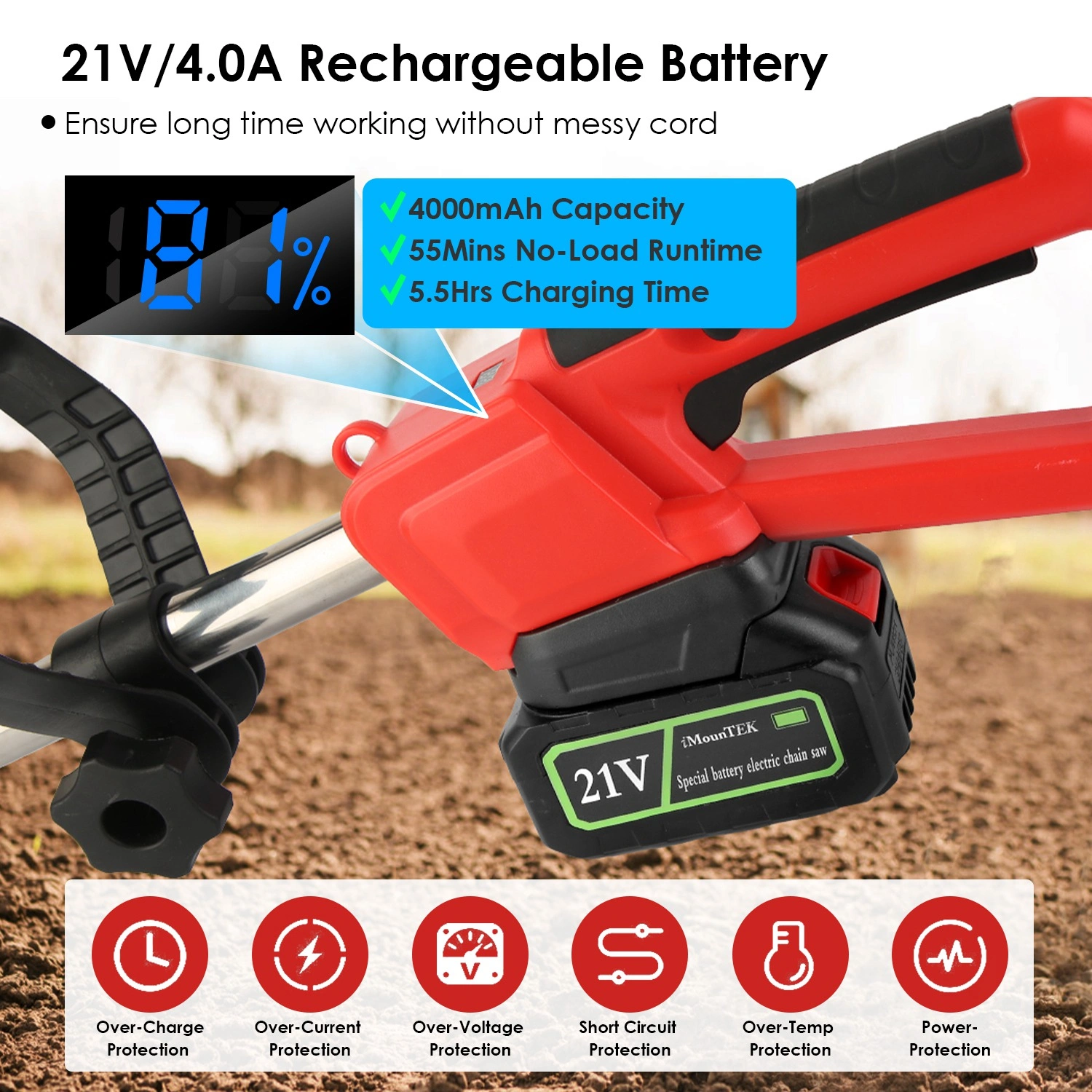 21V Electric Cordless Electric Soil Cultivator - 550W High Power 300RPM, 4-Blade 16 Steel Tines, 4000mAh Battery + Battery Display, Safety Protection + Auxiliary Handle, Perfect for Weeding/Lawn Care view 3