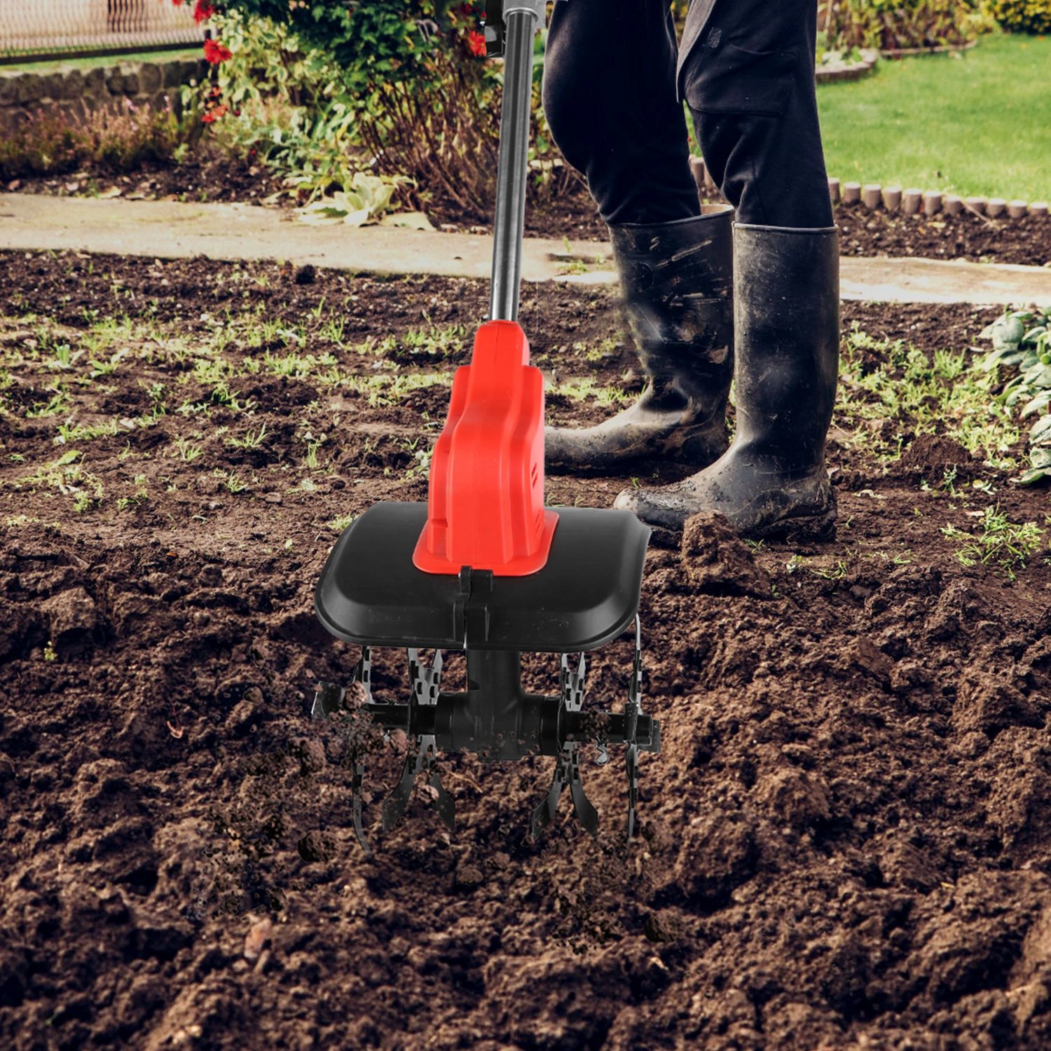 21V Electric Cordless Electric Soil Cultivator - 550W High Power 300RPM, 4-Blade 16 Steel Tines, 4000mAh Battery + Battery Display, Safety Protection + Auxiliary Handle, Perfect for Weeding/Lawn Care view 7