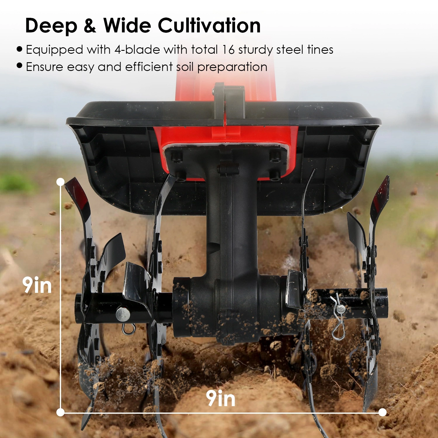 21V Electric Cordless Electric Soil Cultivator - 550W High Power 300RPM, 4-Blade 16 Steel Tines, 4000mAh Battery + Battery Display, Safety Protection + Auxiliary Handle, Perfect for Weeding/Lawn Care view 8