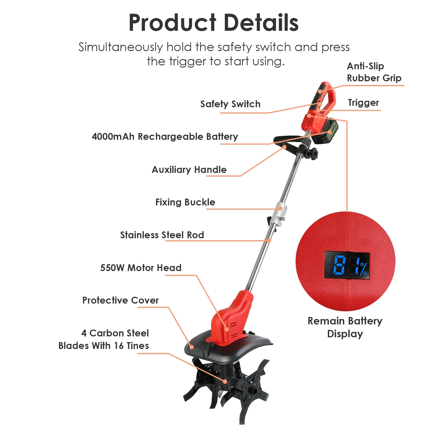 21V Electric Cordless Electric Soil Cultivator - 550W High Power 300RPM, 4-Blade 16 Steel Tines, 4000mAh Battery + Battery Display, Safety Protection + Auxiliary Handle, Perfect for Weeding/Lawn Care view 9